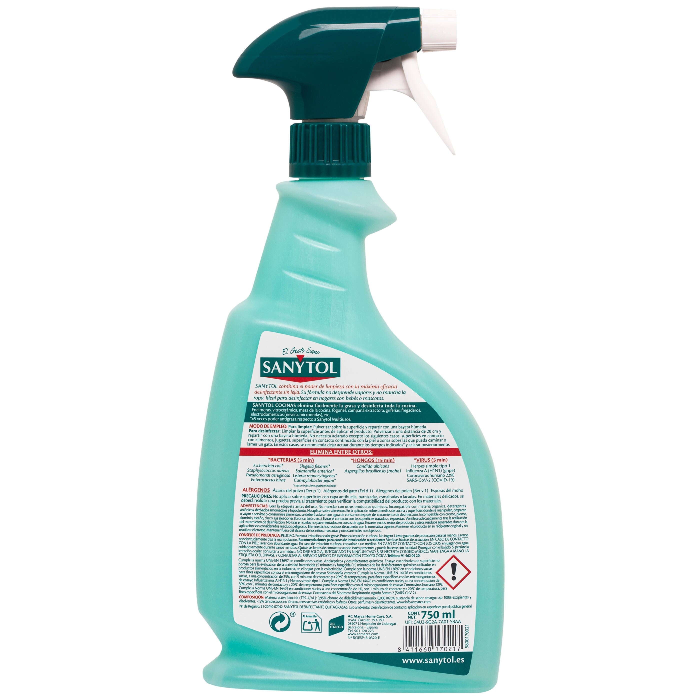 Limpiador de cocina para desinfectar, desengrasar perfume limón SANYTOL 750 ml para barbacoa, campana, fregadero, horno, vajilla - 2
