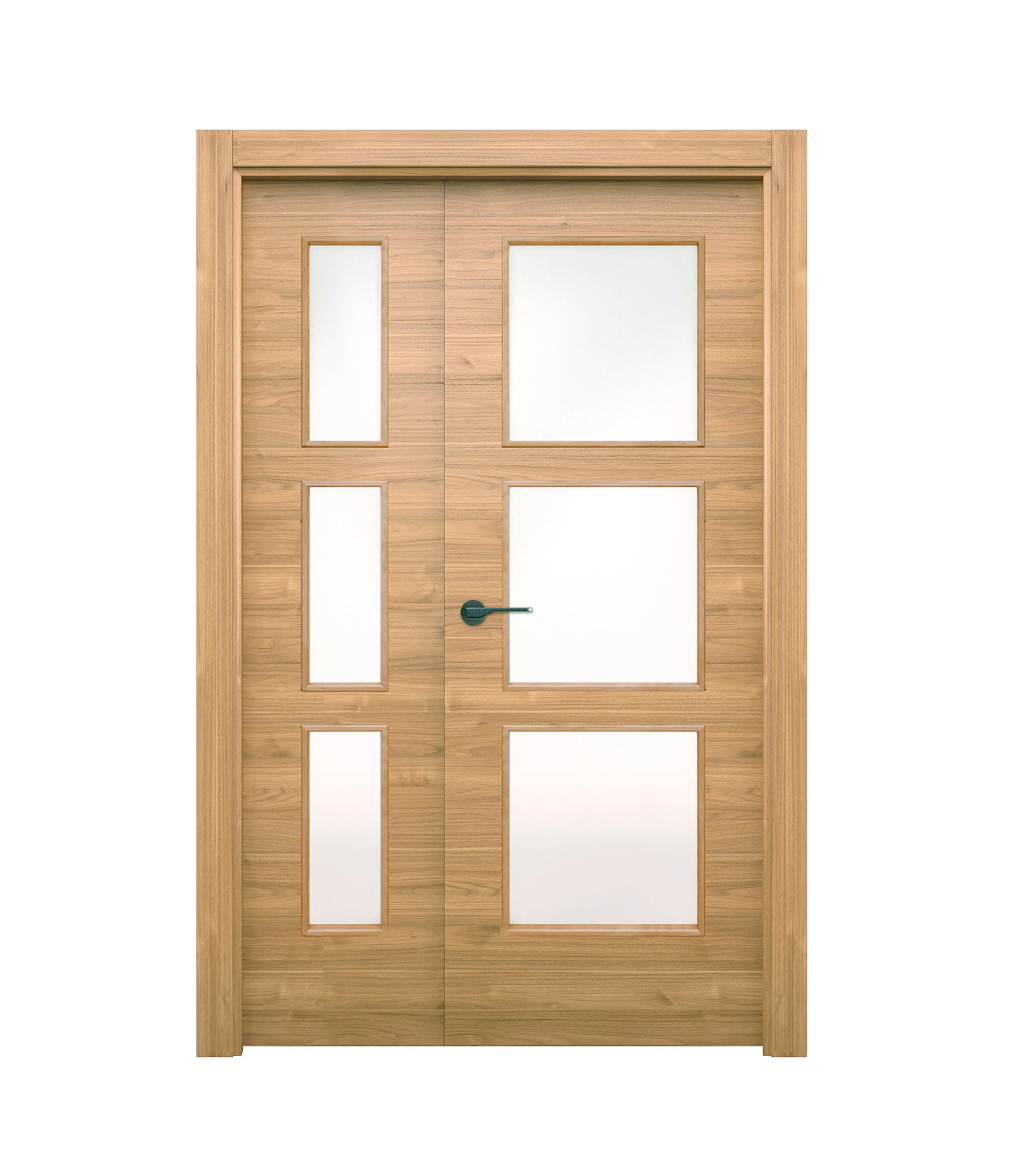 Puerta de interior abatible doble vidriera con fijo con cristal incluido estructura maciza acabado barnizado serie line plus oslo slow nogal apertura derecha cerco de 70 x 30 anchura 105 cm