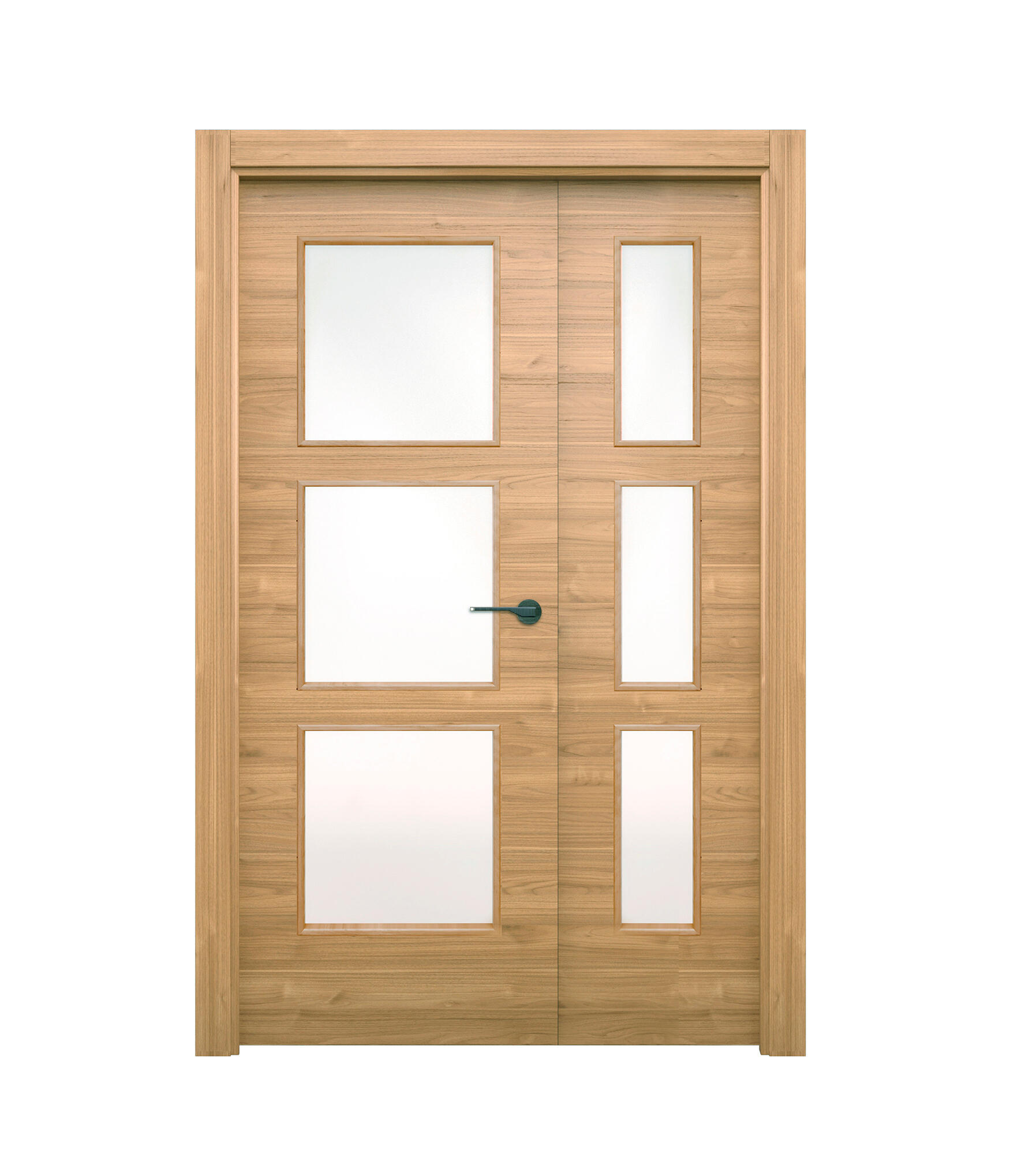 Puerta de interior abatible doble vidriera con fijo con cristal incluido estructura maciza acabado barnizado serie line plus oslo slow nogal apertura izquierda cerco de 70 x 30 anchura 115 cm
