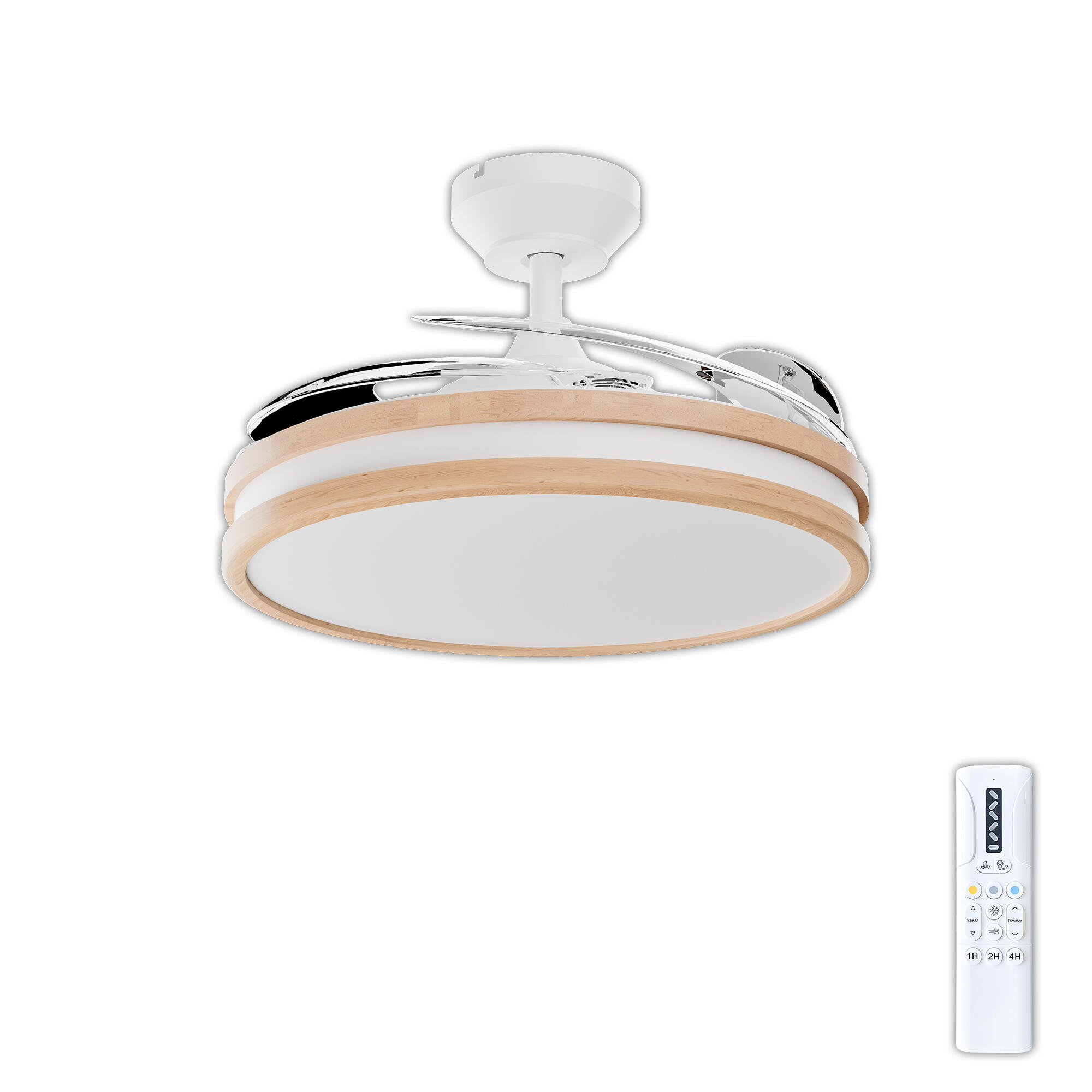 Ventilador de techo con luz silencioso dc 28w con mando ø107 cm maca arte confort blanco luz cct 4 aspas retráctiles tipo lámpara| 6 velocidades| brisa| recomendado de 13 a 20m²