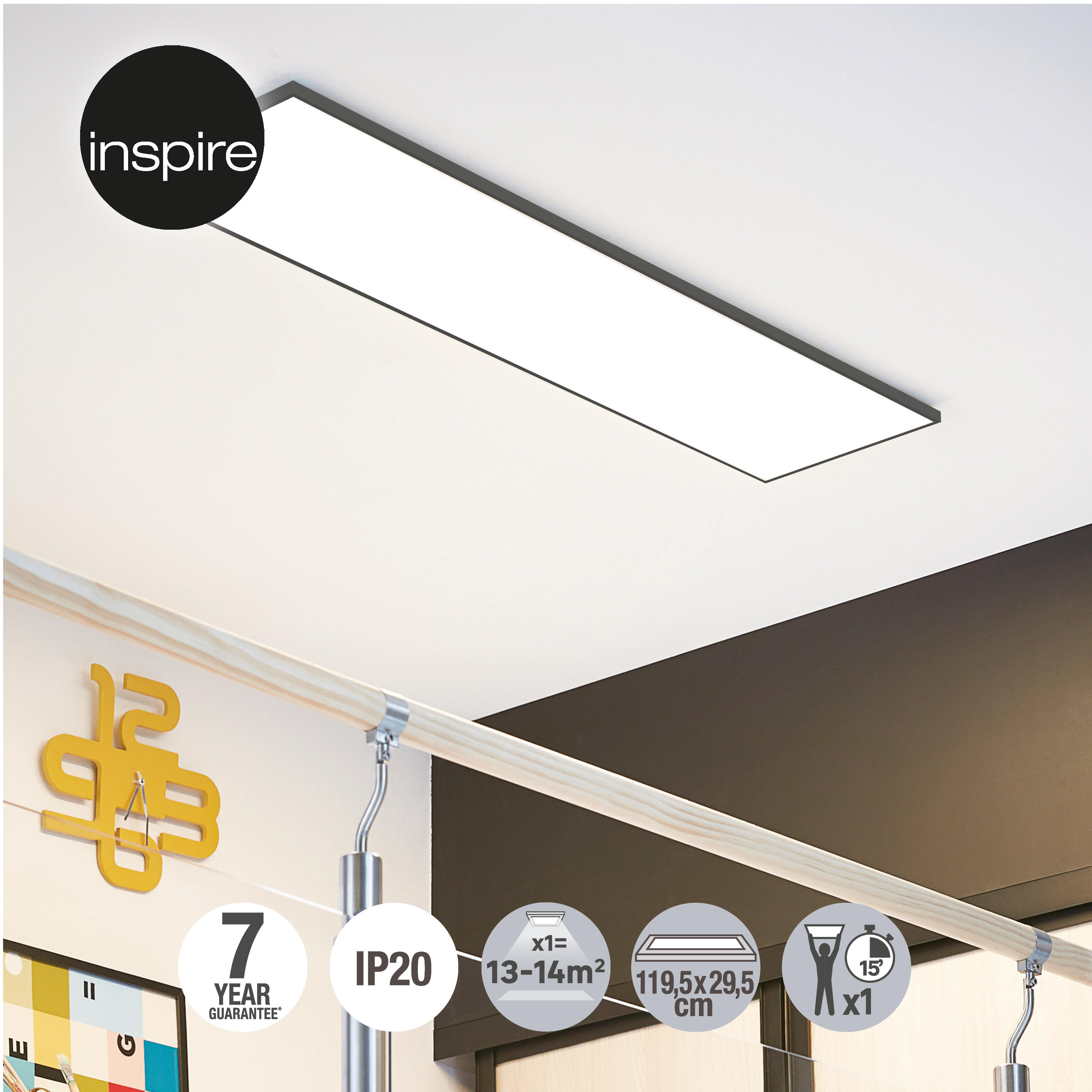 Panneau LED Gdansk 119,5 x 29,5 cm variation blancs et intensité, noir INSPIRE - 3