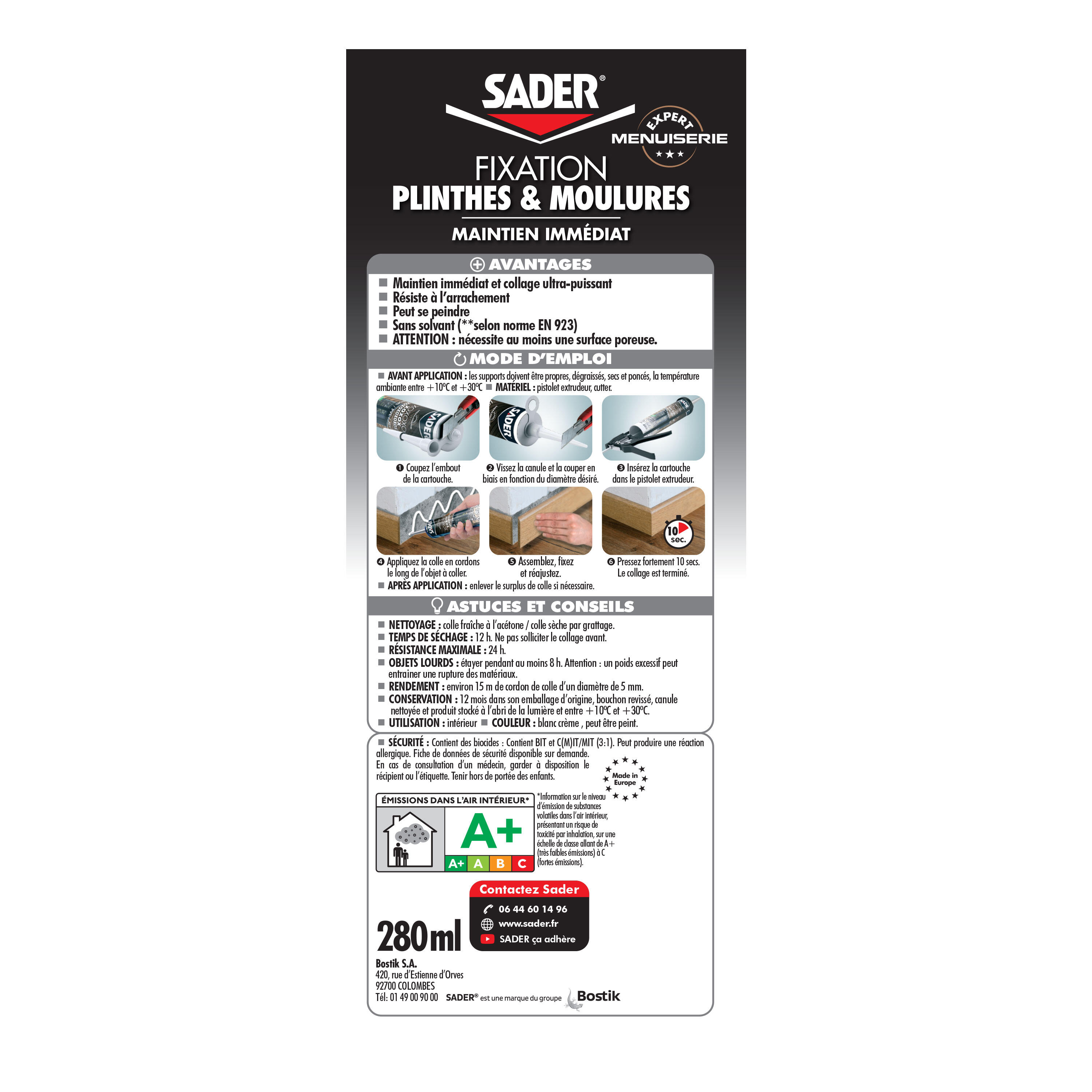 Colle SADER Spécial plinthes et moulures, 280ML - 2