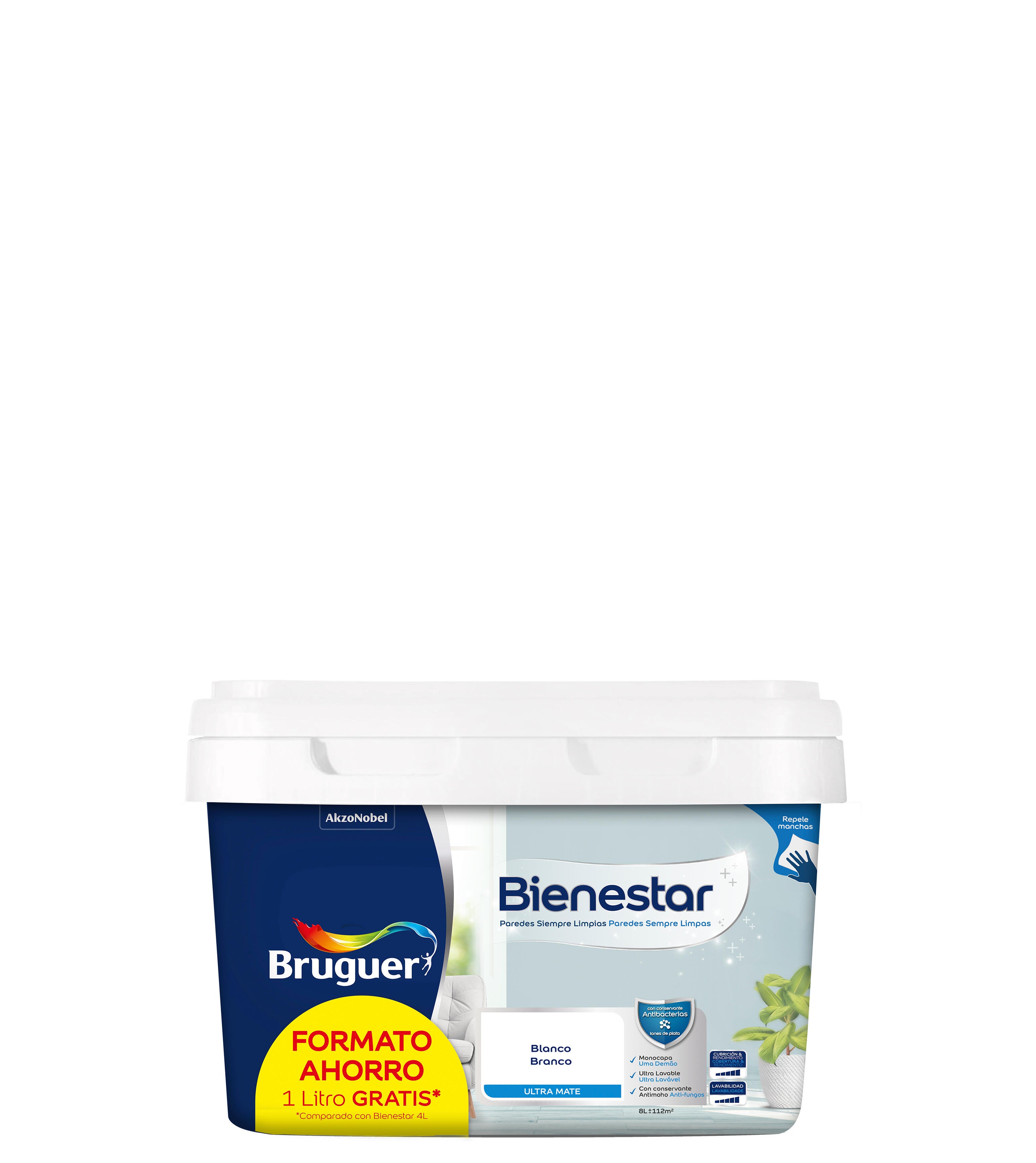 Pintura de interior bienestar bruguer color blanco mate 8l para paredes