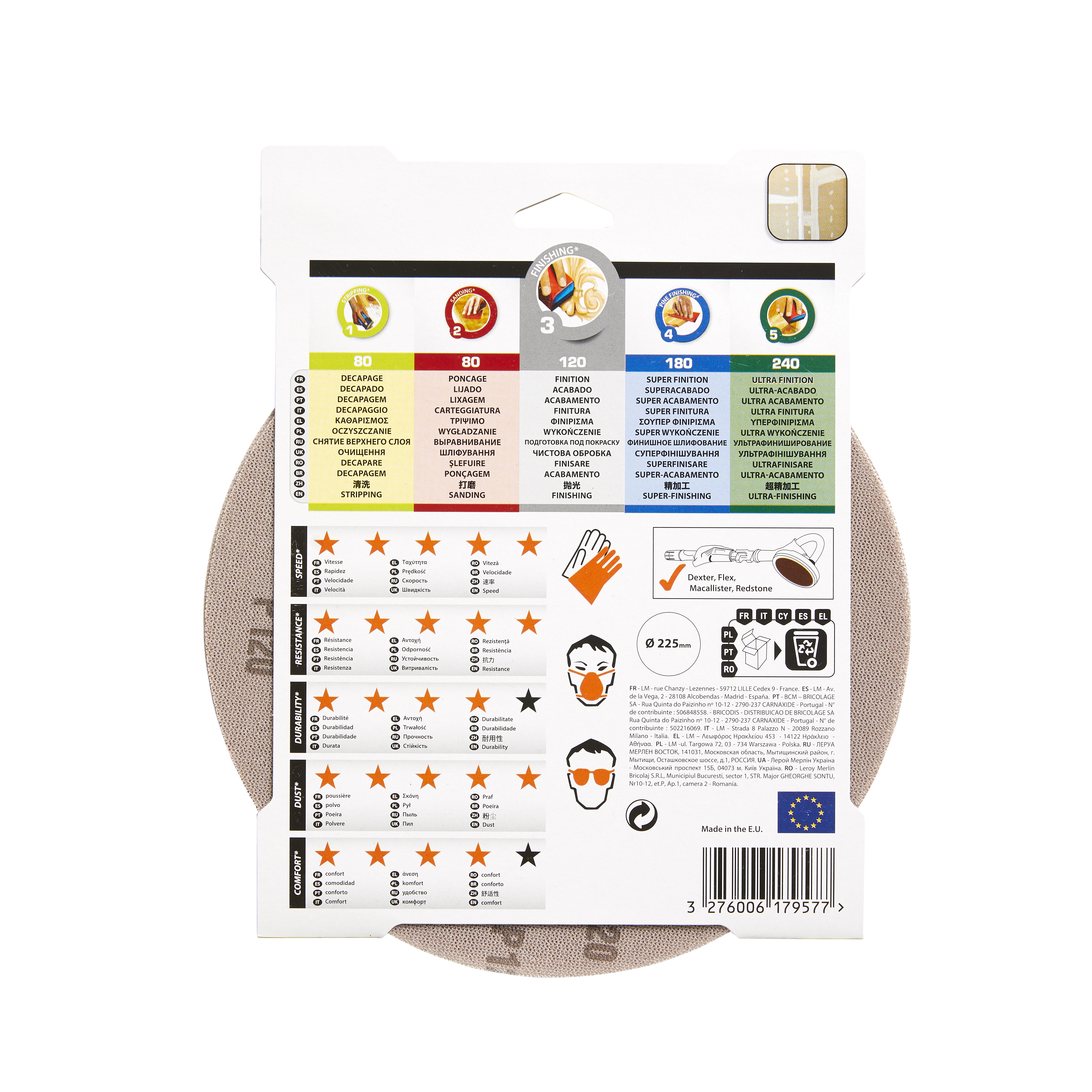 Lot de 3 disques abrasifs, DEXTER PRO, l.225 x L.225 mm grain 120 - 5