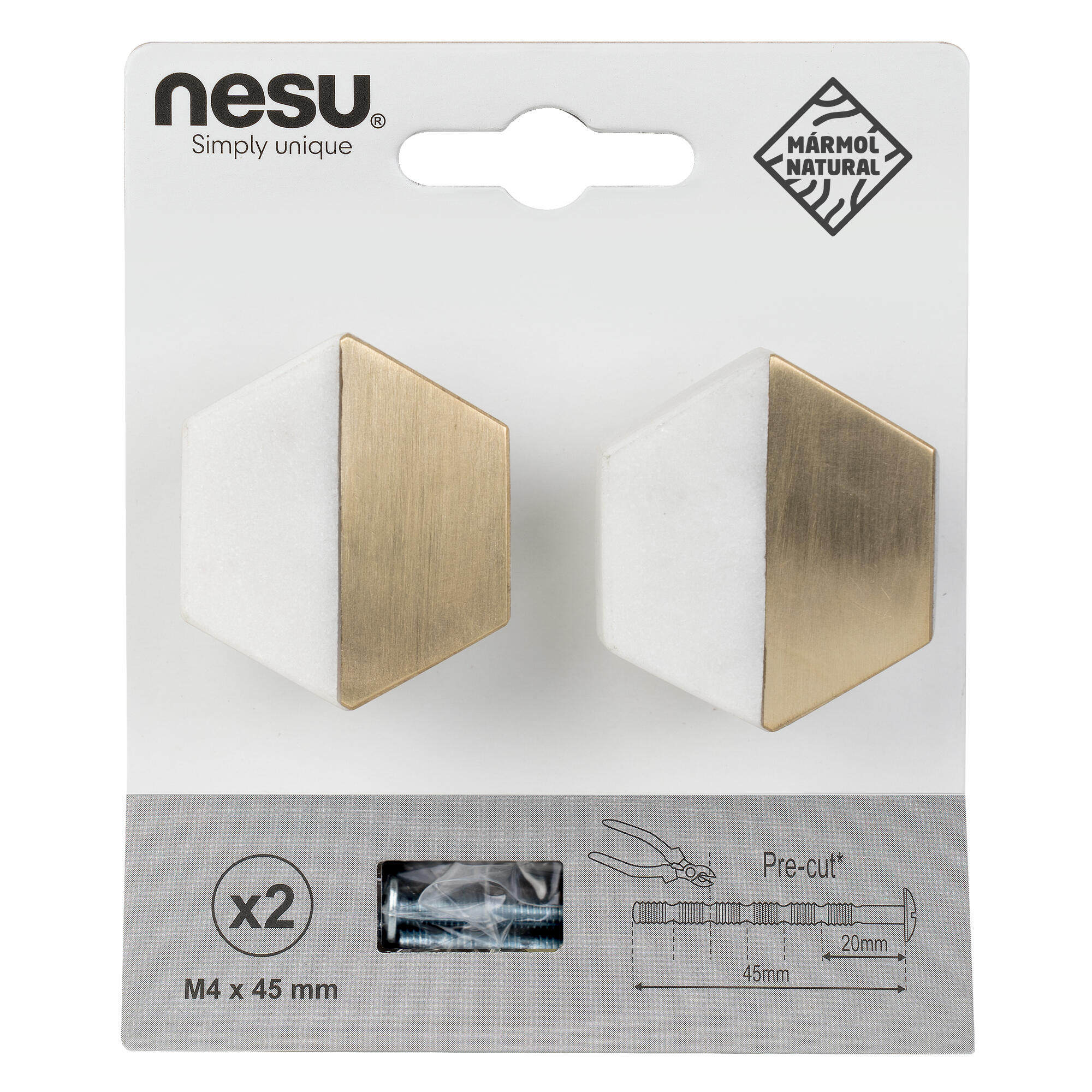 2 Puxadores para móvel Nesu hexagonal mármore branco latão polido 40mm - 5