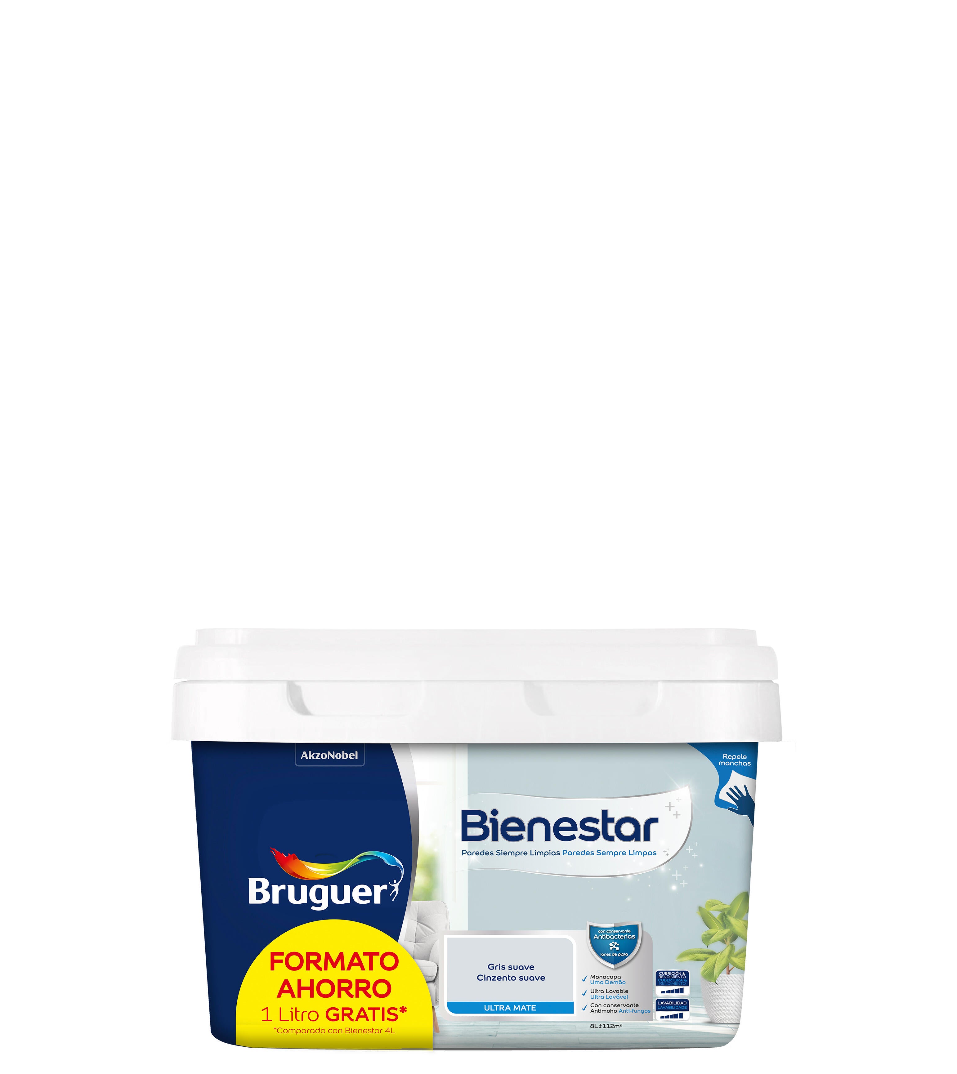 Pintura interior bienestar bruguer mate formato ahorro 8l gris suave