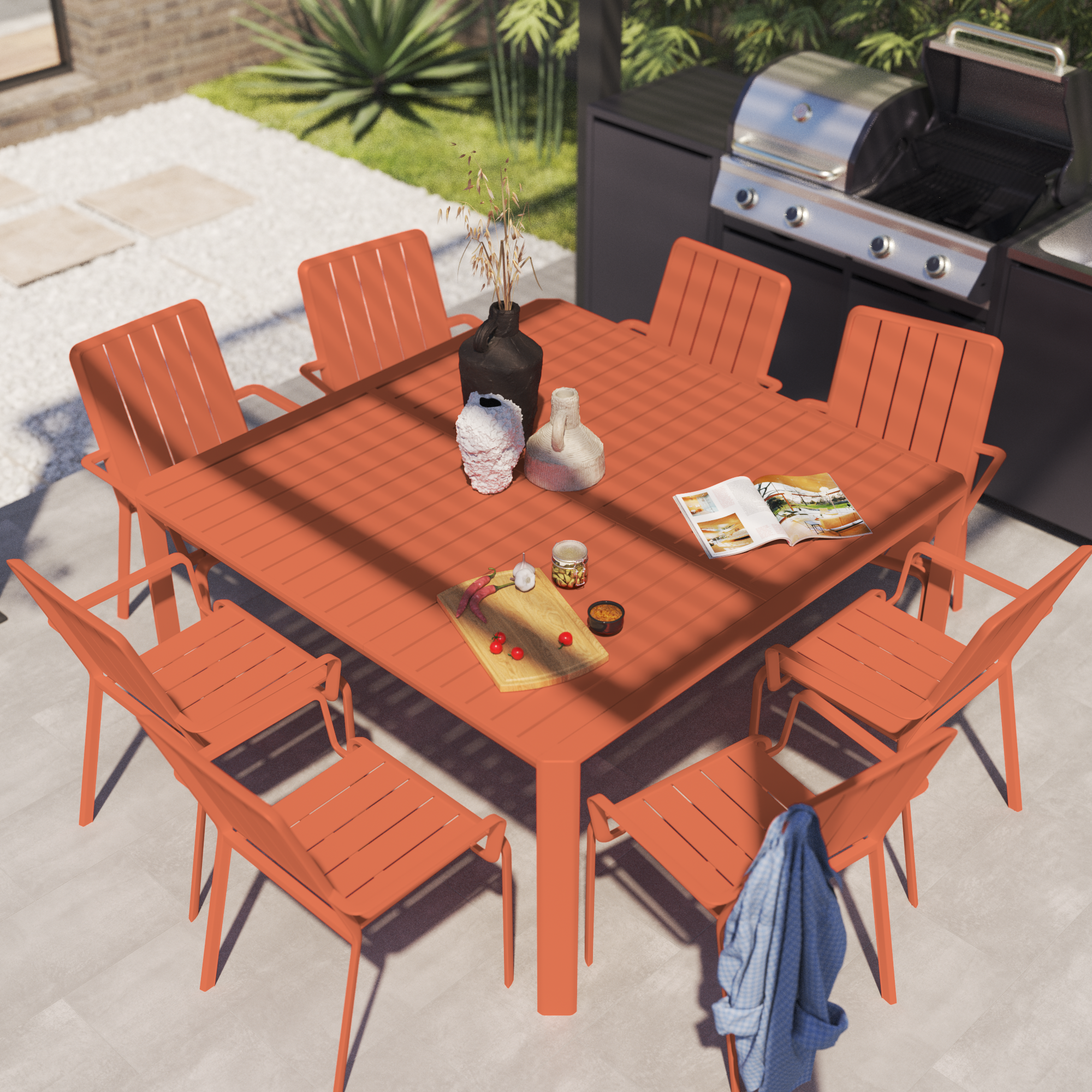 Sedia da giardino con braccioli Idaho NATERIAL, struttura in alluminio rosso, seduta in alluminio arancione - 8