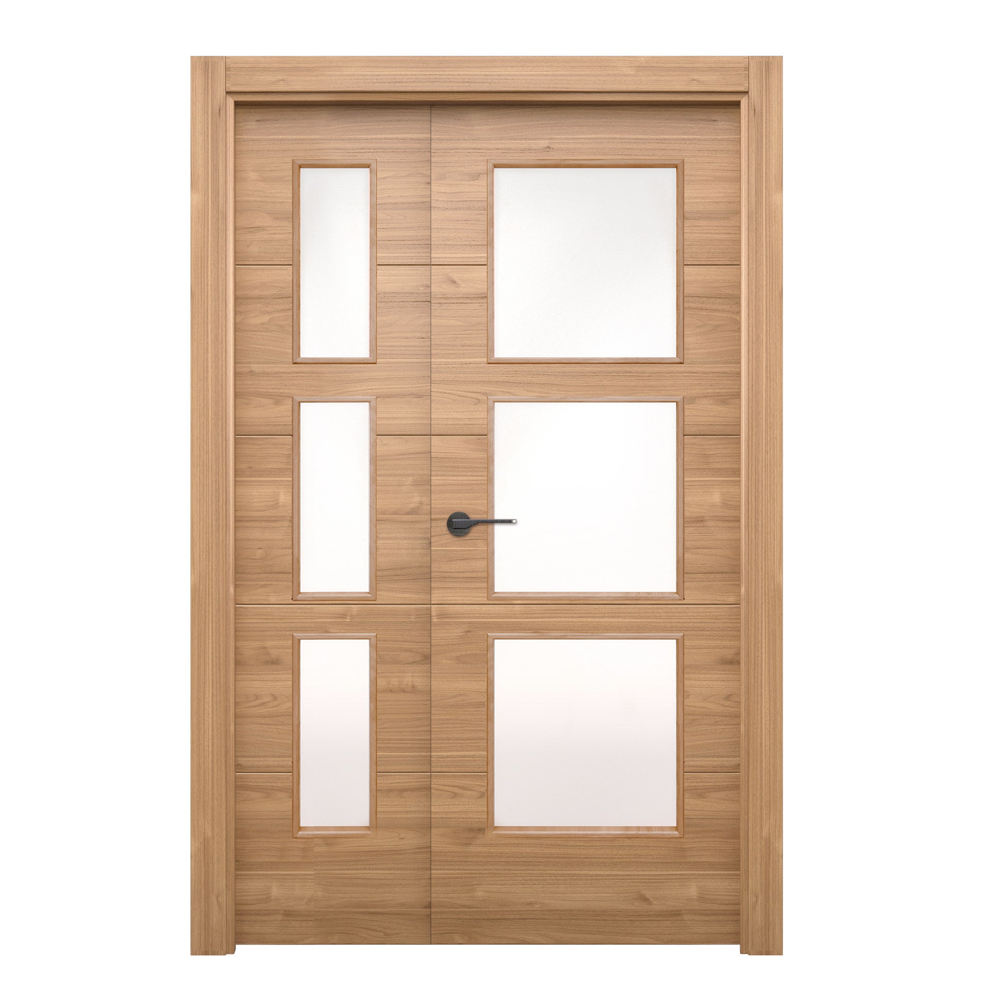 Puerta de interior abatible doble vidriera con fijo con cristal incluido estructura maciza acabado barnizado serie line plus berna slow nogal apertura derecha cerco de 70 x 30 anchura 105 cm