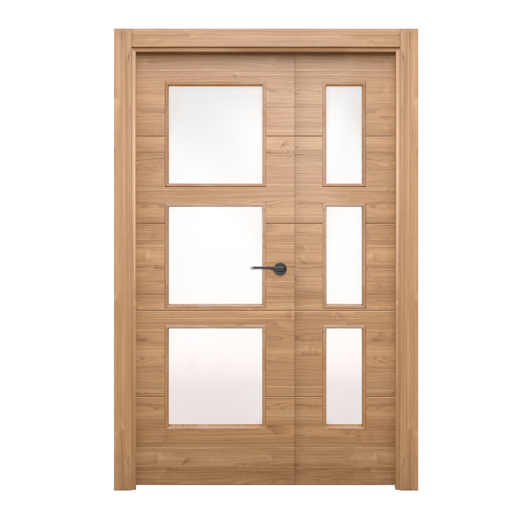 Puerta de interior abatible doble vidriera con fijo con cristal incluido estructura maciza acabado barnizado serie line plus berna slow nogal apertura izquierda cerco de 70 x 30 anchura 105 cm