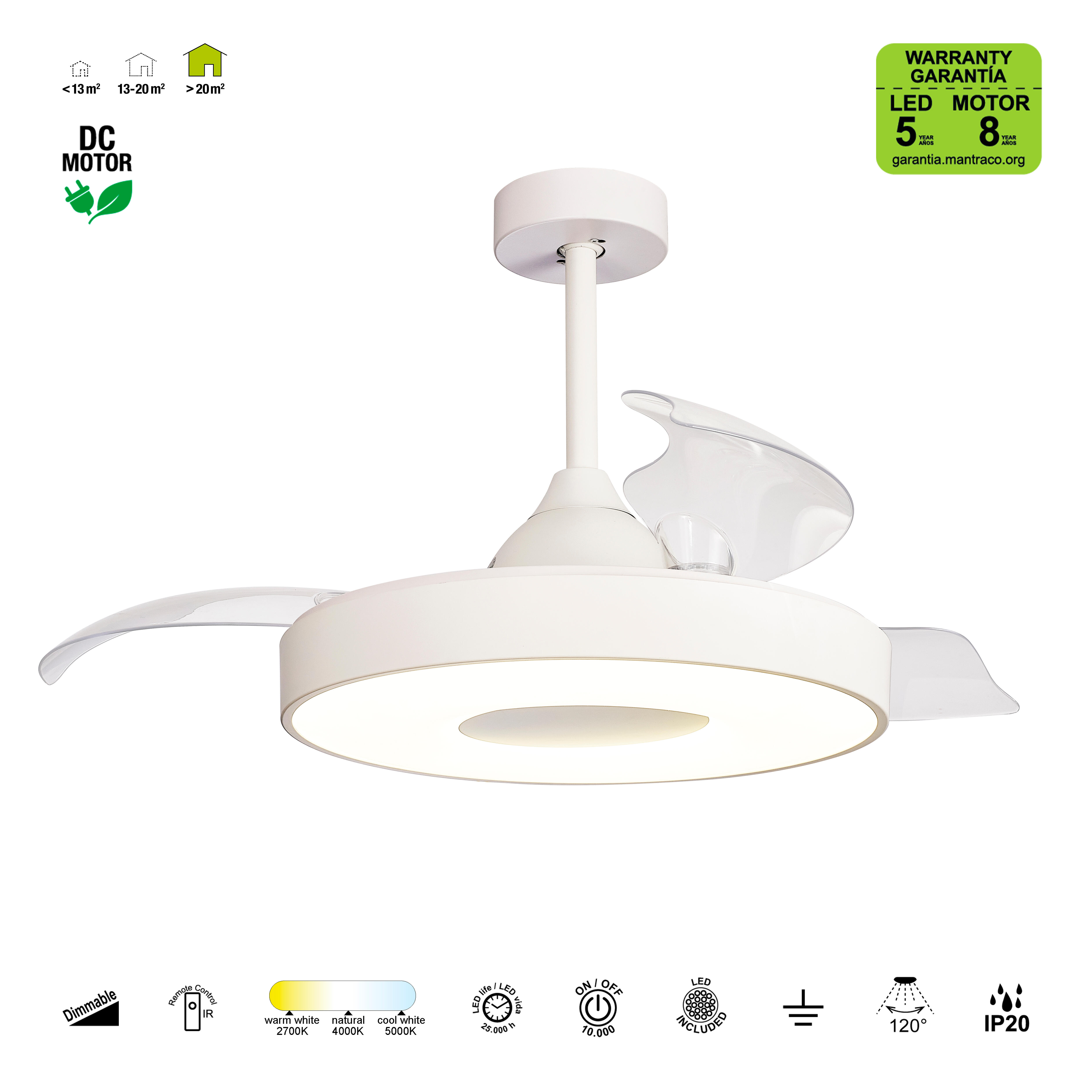 Ventilador de techo con luz silencioso DC 30W con mando ø106 cm Coin MANTRA blanco luz CCT 3 aspas retráctiles tipo lámpara| 7 velocidades| temporizador| recomendado de 13 a 20m² - 14
