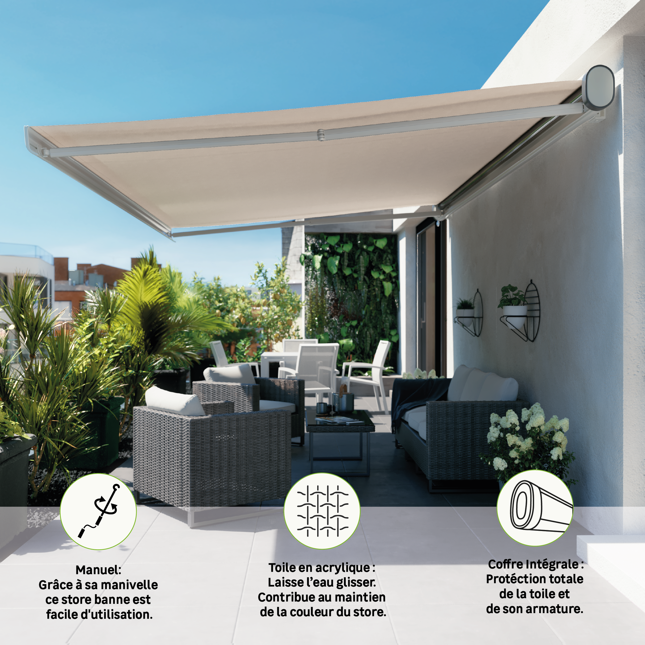 Store banne manuel 2.95 x 2 m Nori S blanc, toile acrylique beige - 2