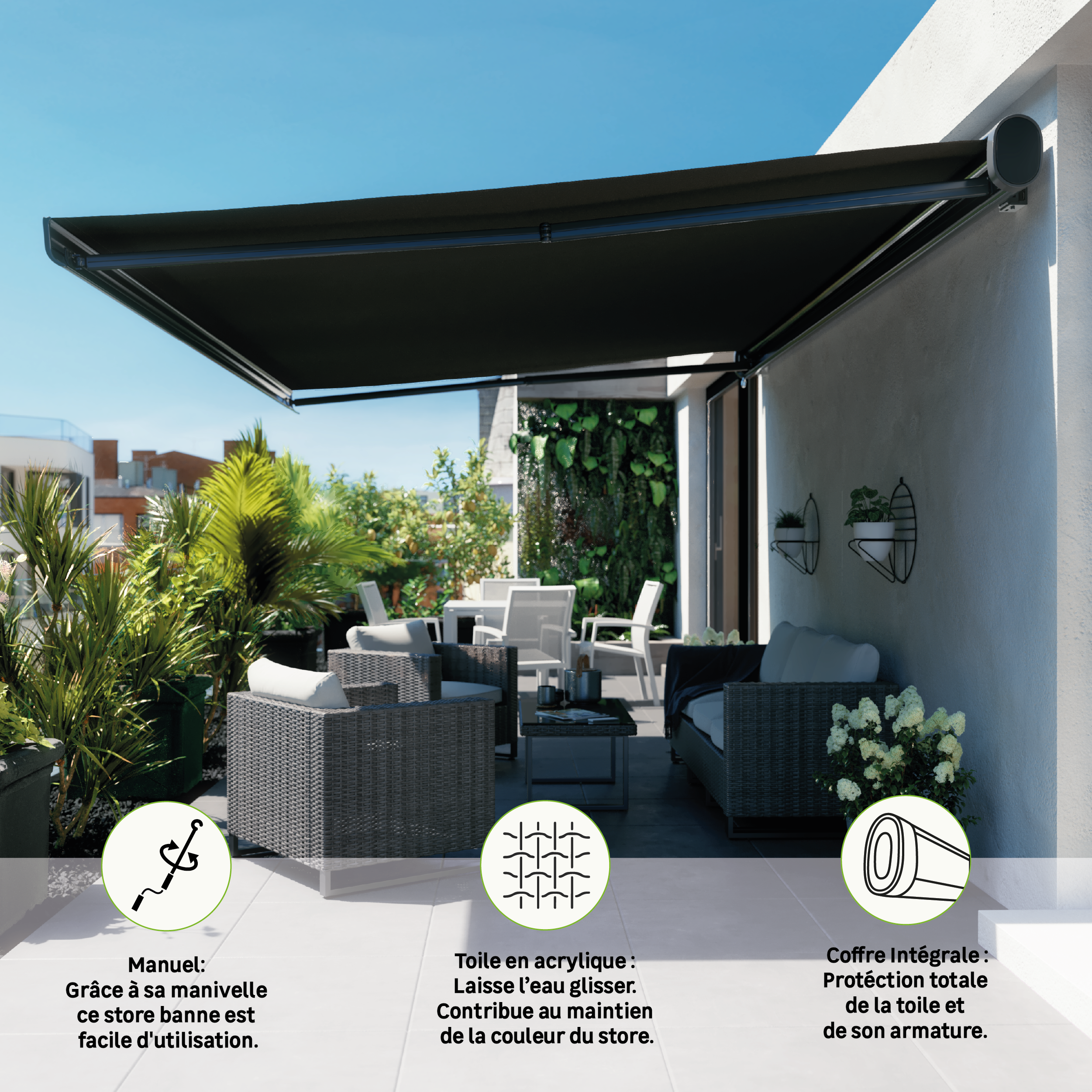 Store banne manuel 3.95 x 3 m Nori S gris, toile acrylique gris - 2
