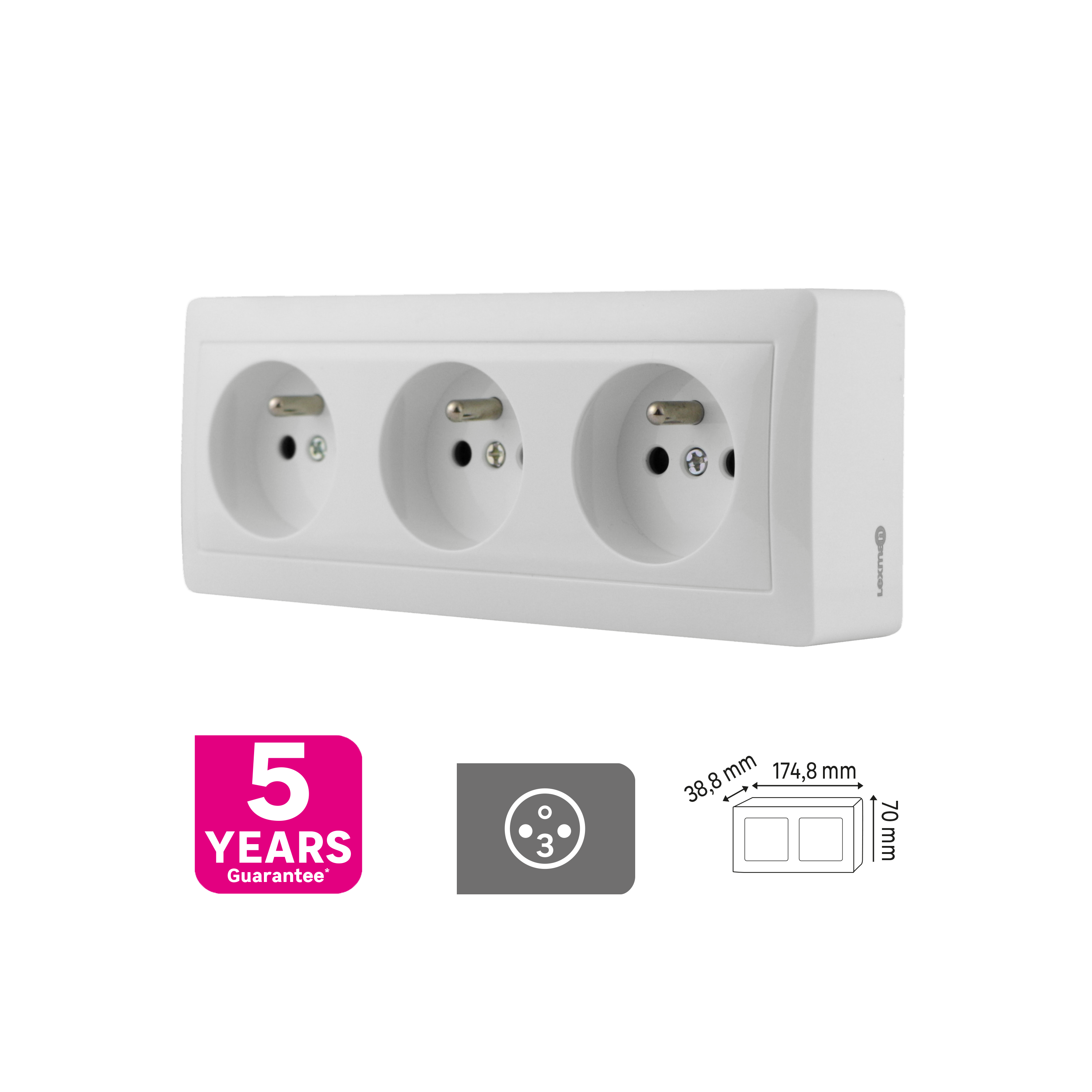 Triple prise avec terre complet Surface, pré-câblé, LEXMAN blanc - 2
