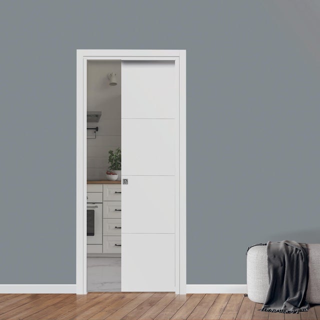 Porta interna scorrevole Threelines in MDF colore bianco, L 80 x H 210 cm, apertura reversibile