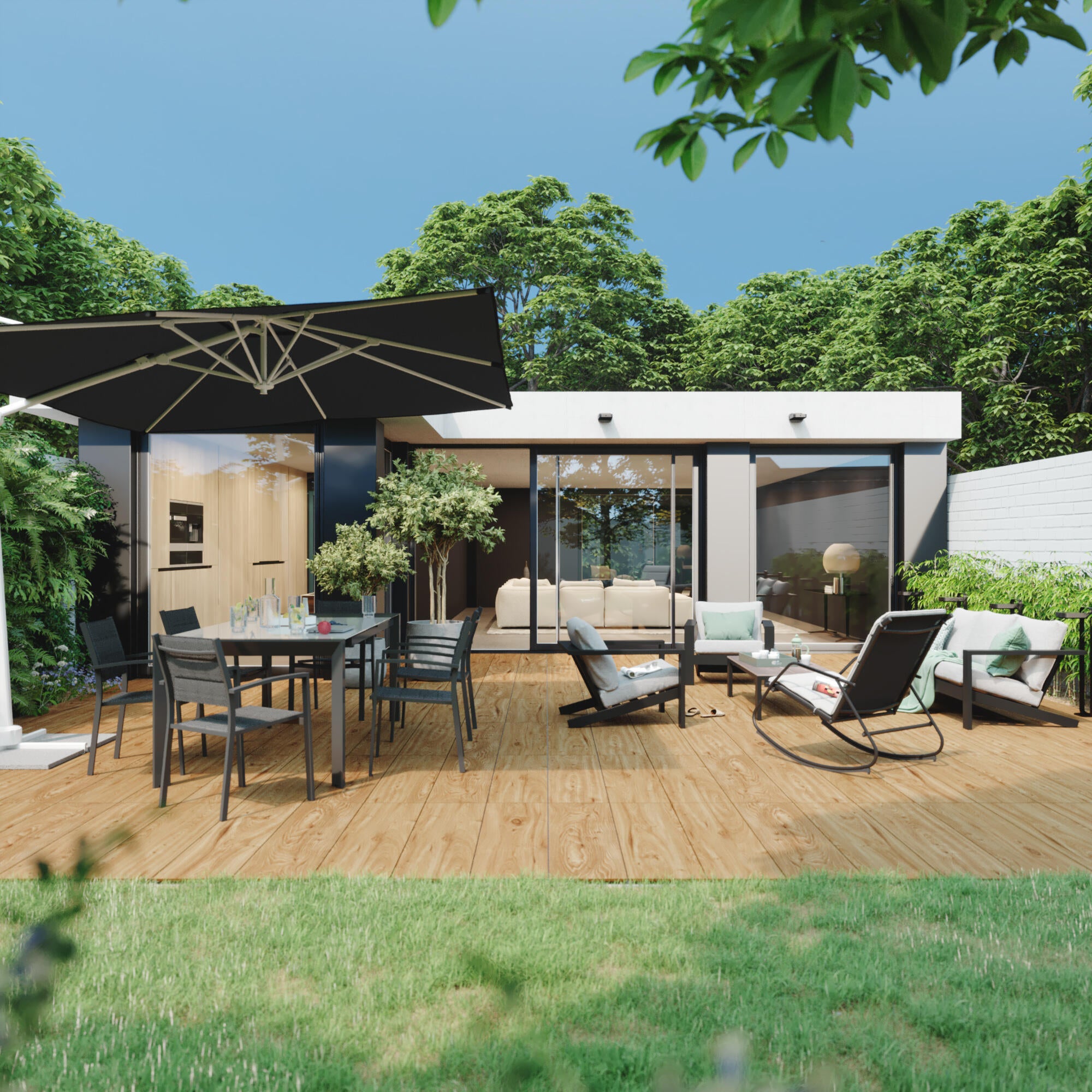 Sedia a dondolo da giardino con cuscino grigio e braccioli Lyco NATERIAL struttura in acciaio nero, seduta in textilene antracite - 4
