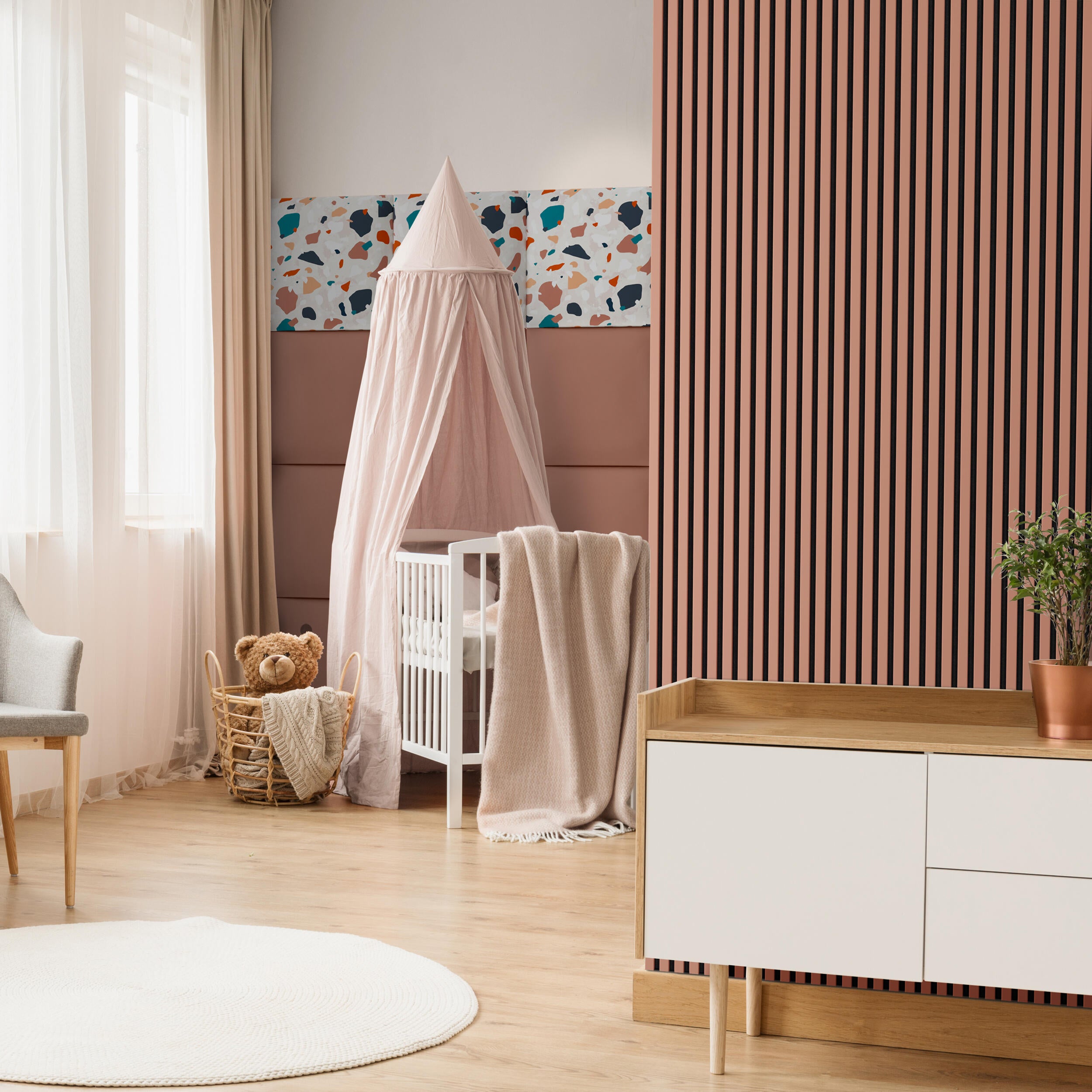 Revestimiento de pared palillería efecto 3D MDFacústico color teja/negro de 265x25 cm - 2