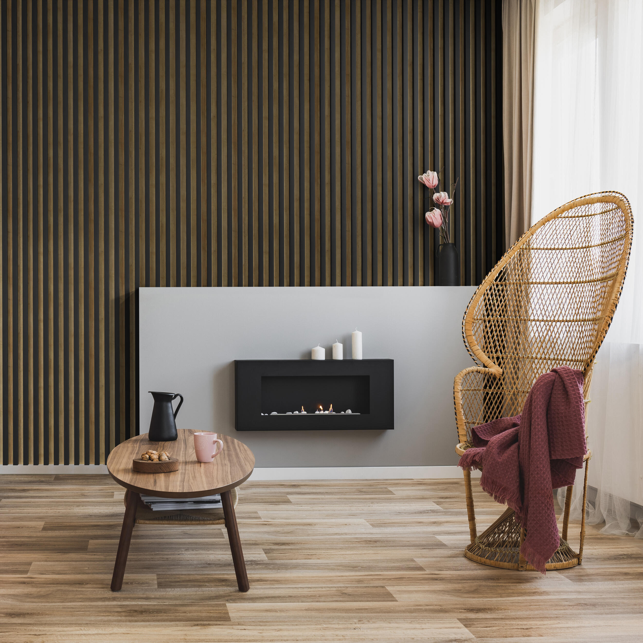 Revestimiento de pared palillería mdf listón negro en panel roble 265x15 cm