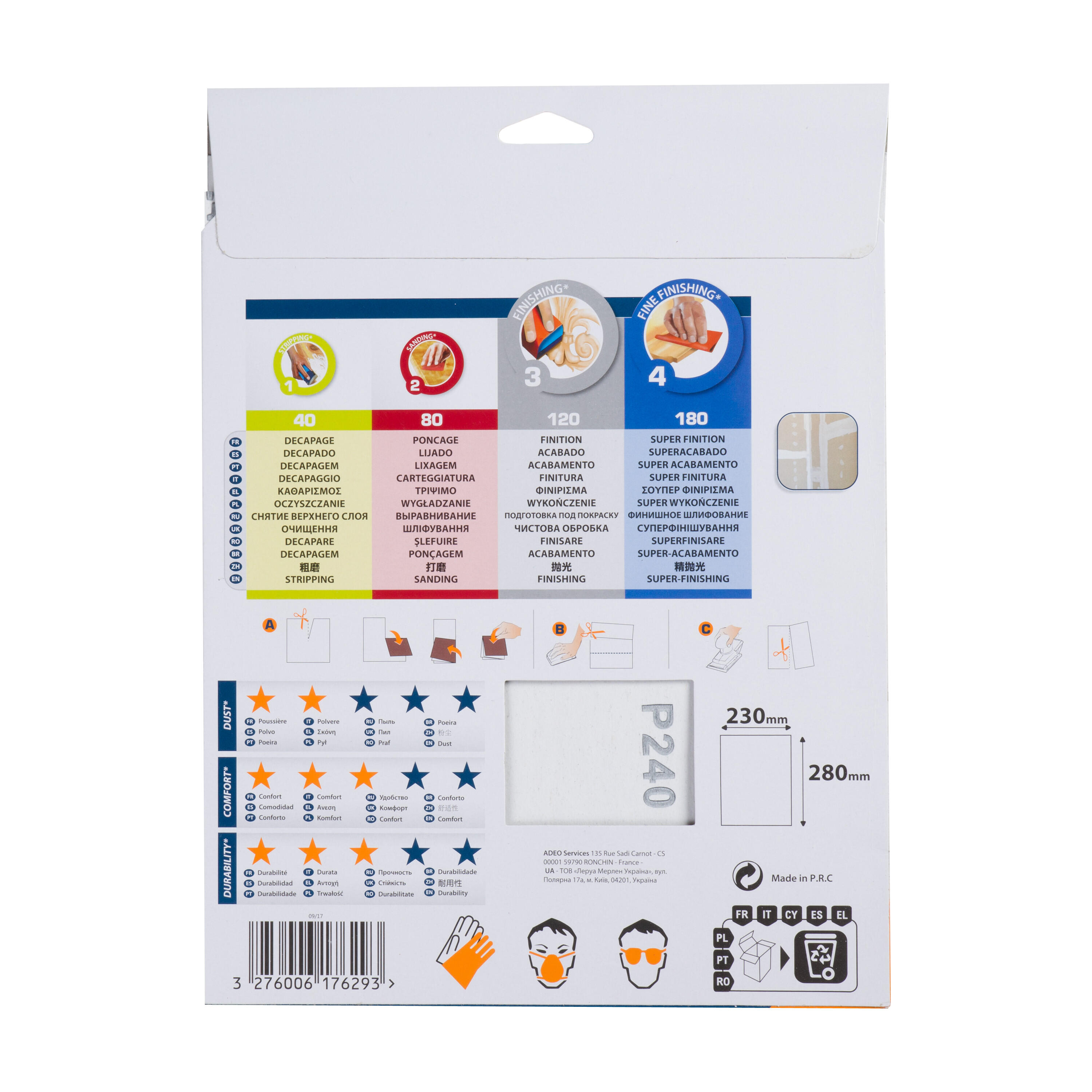 Lot de 10 feuilles abrasives DEXTER pour multiponceuse, grains 4x240,3x180,3x120 - 3