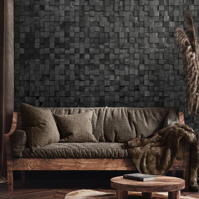 Revestimiento de pared efecto 3D MADERA Pino Carbón color negro 780x190x6mm