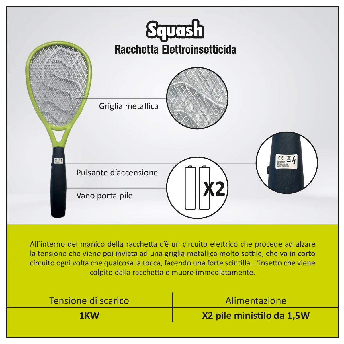 Racchetta elettrica trappola per cimice e mosche e ragni e zanzare SANDOKAN Squash - 3