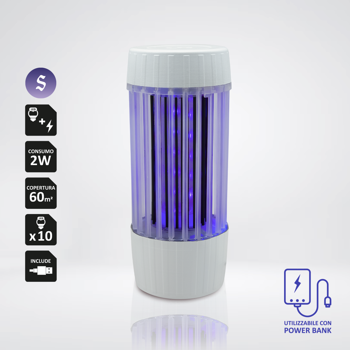 Elettro sterminatore trappola per zanzare SANDOKAN Luce LED ad alta luminosità e basso consumo (1w) W Cub-Zan Italy Usb - 6