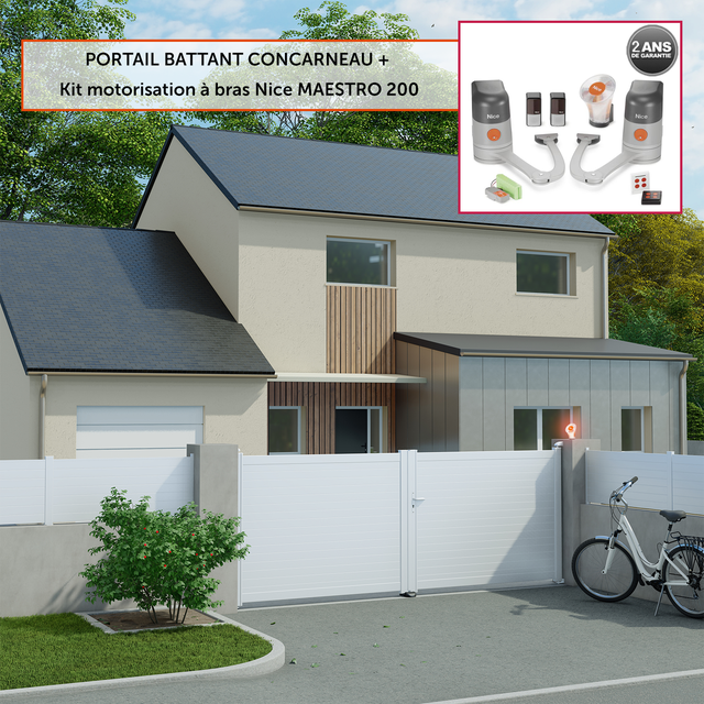 Kit portail battant Concarneau blanc Klos up! + moteur Nice, l.299 x H.153cm