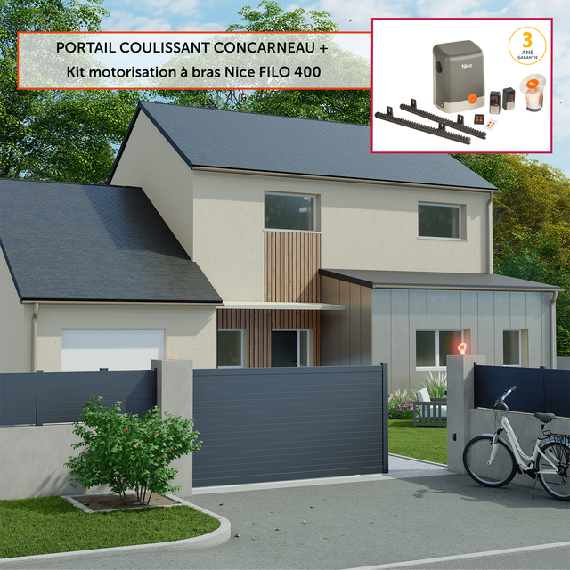 Kit portail coulissant Concarneau gris zinc Klos up! +moteur Nice l.412xH.153cm