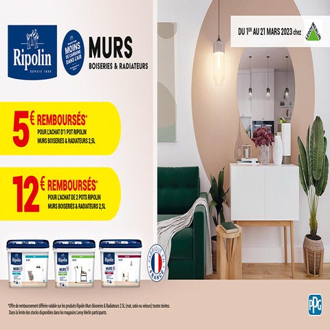 Offre de remboursement Peinture mat velours satin Ripolin 2,5L - Leroy Merlin