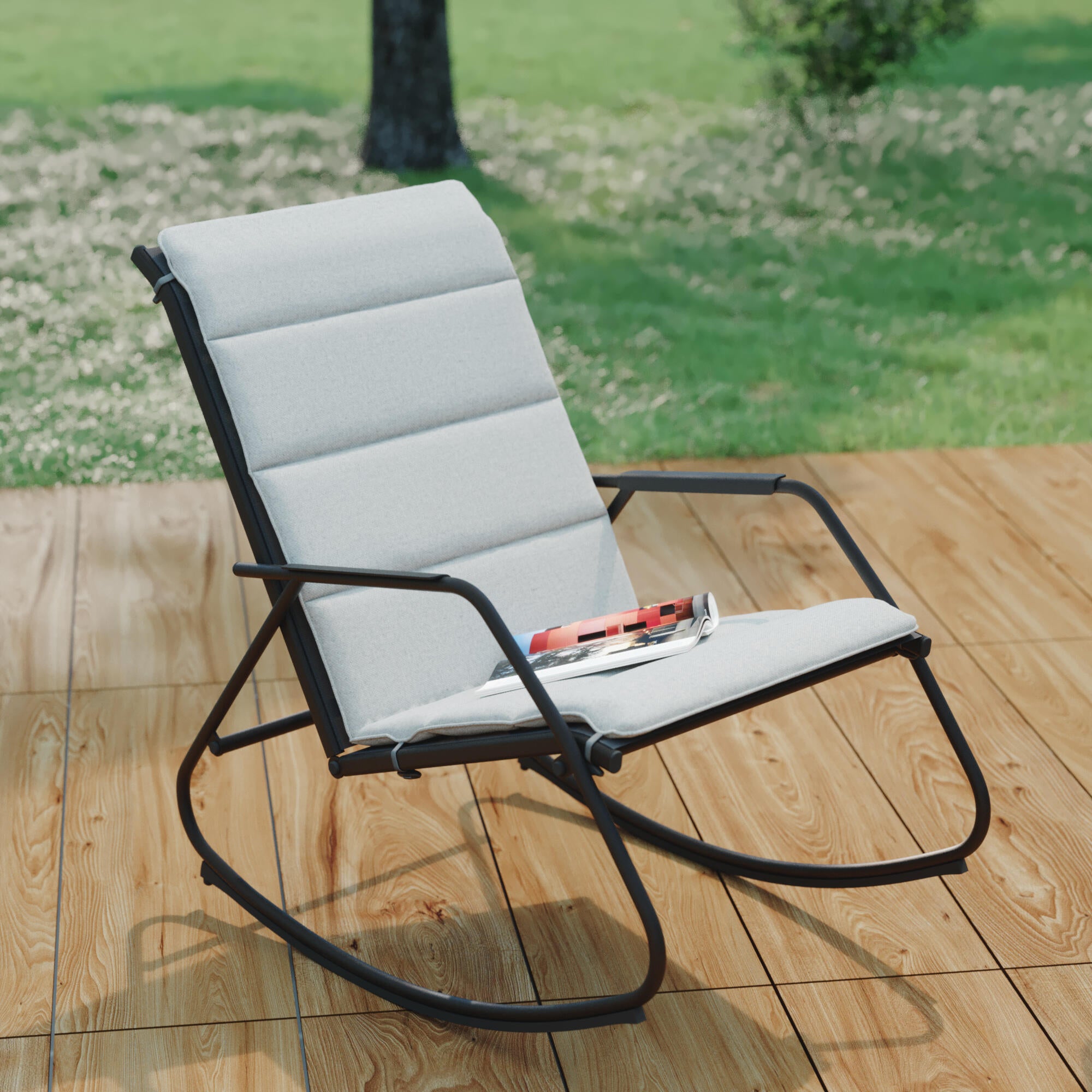 Sedia a dondolo da giardino con cuscino grigio e braccioli Lyco NATERIAL struttura in acciaio nero, seduta in textilene antracite - 2
