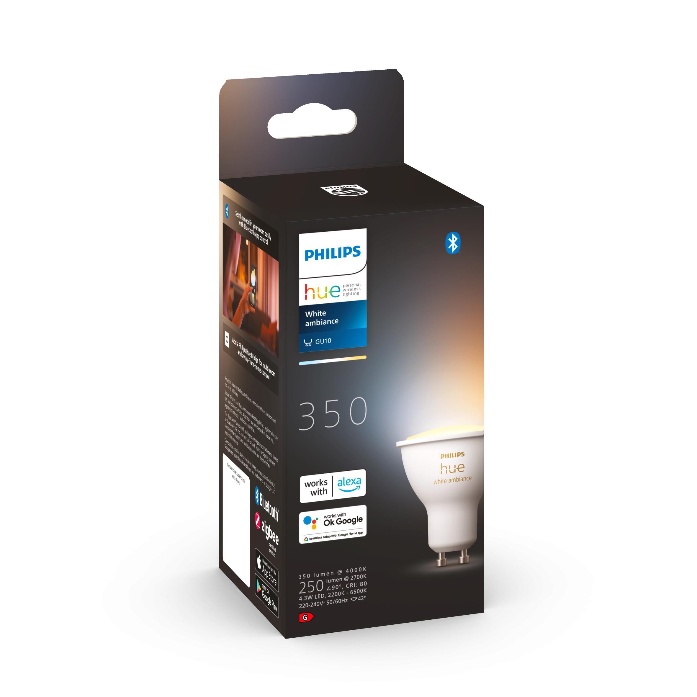 Lampadina smart Hue White Ambiance, LED, GU10 faretto, trasparente, cct, 5W= 350 LM (equiv 70 W), 200° dimmerabile, PHILIPS HUE - 2