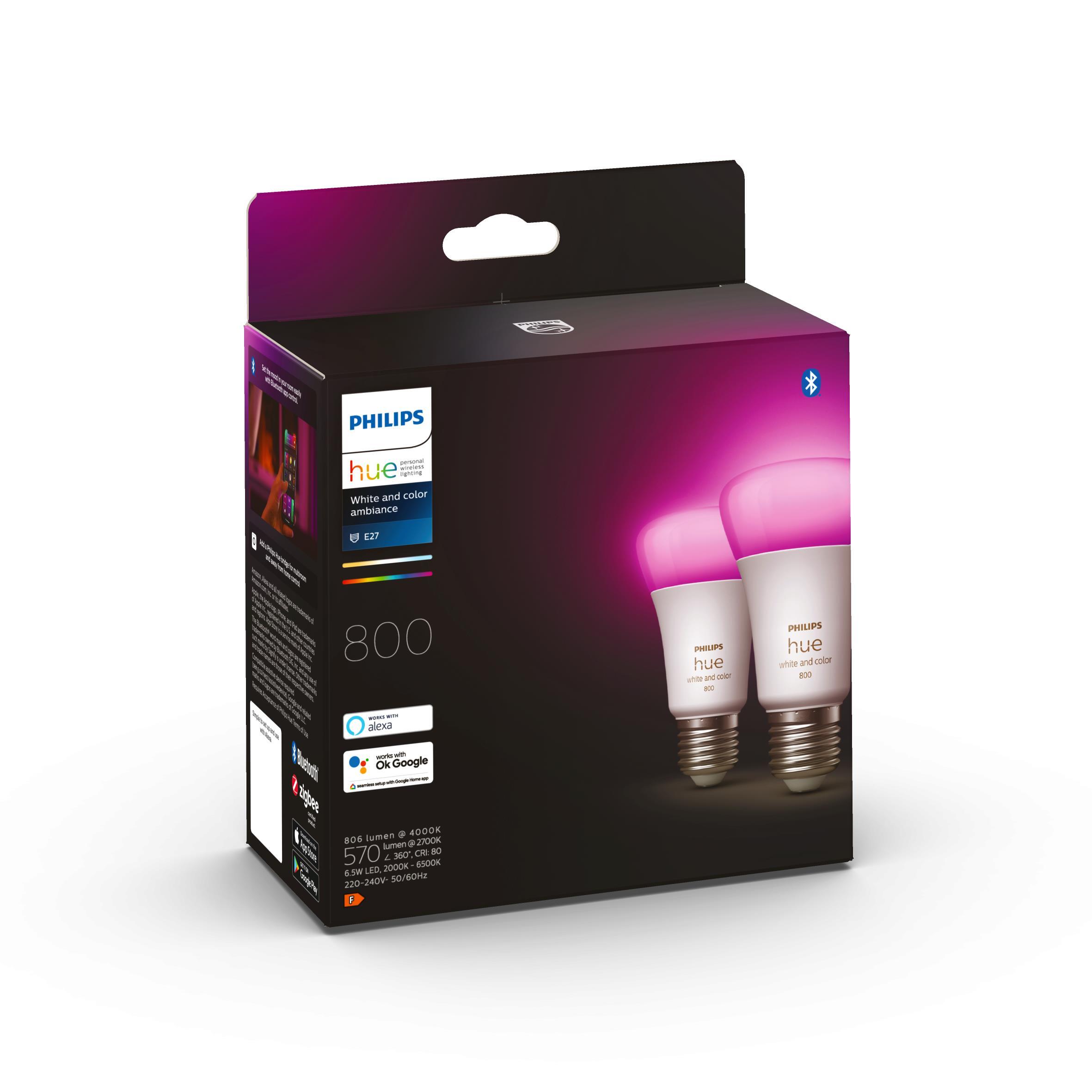 Set da 2 lampadine Hue Color, LED, E27 goccia, trasparente, luce cct e rgb, 6.5W= 800 LM (equiv 60 W), 200° dimmerabile, PHILIPS HUE - 2