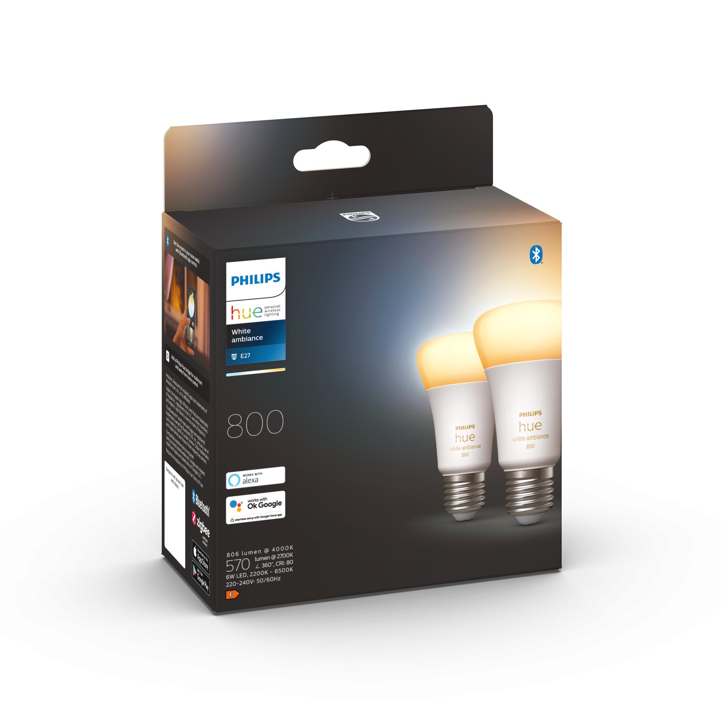 Set da 2 lampadine Hue White Ambiance LED, E27 goccia, trasparente, 6W = 806 LM (equiv 40 W), 200° dimmerabile, PHILIPS HUE - 2