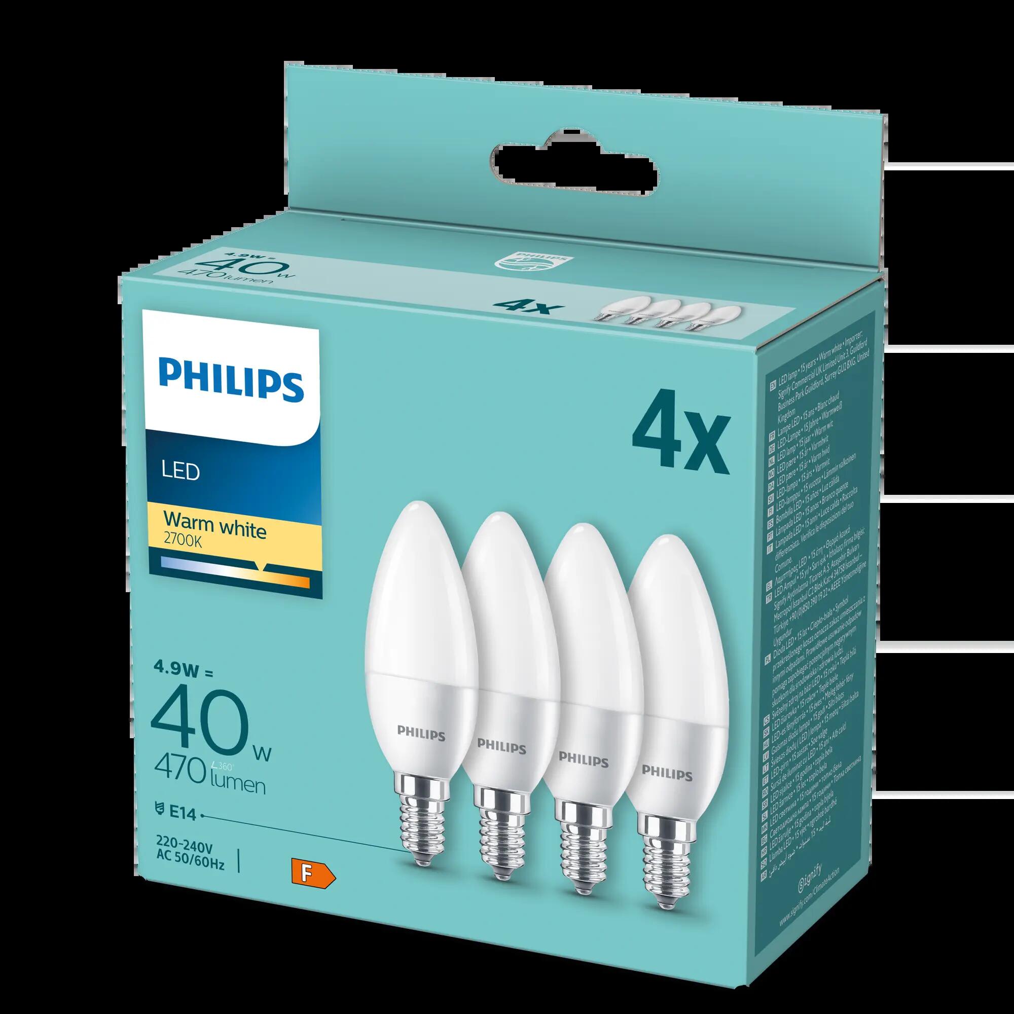 Set da 4 lampadine LED, E14 oliva, opaco, 5.5W = 470 LM (equiv 40 W) classe energetica A, 200°, PHILIPS - 6