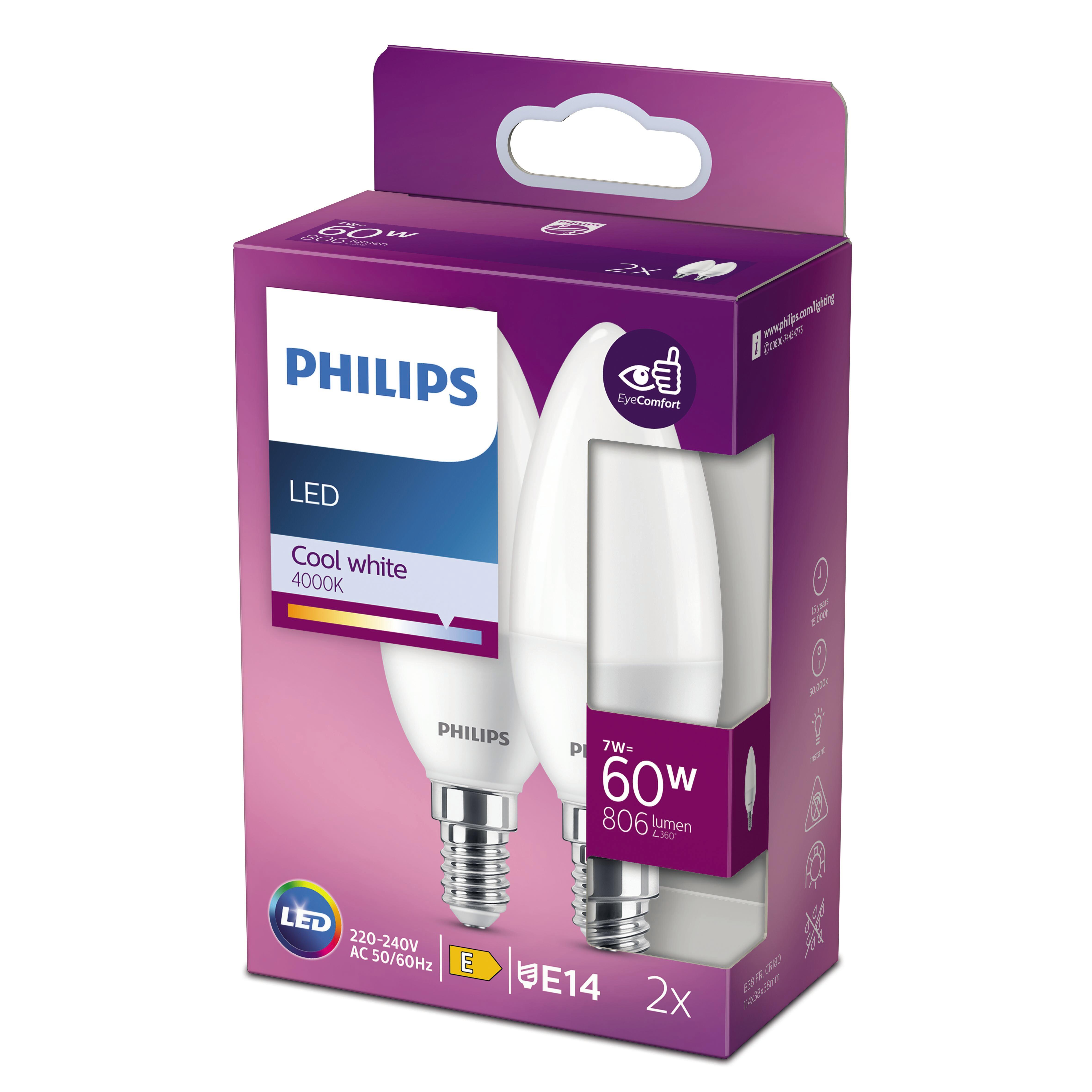 Set da 2 lampadine LED E14 oliva opaco, luce naturale, 7W = 830 LM,  200° PHILIPS - 2