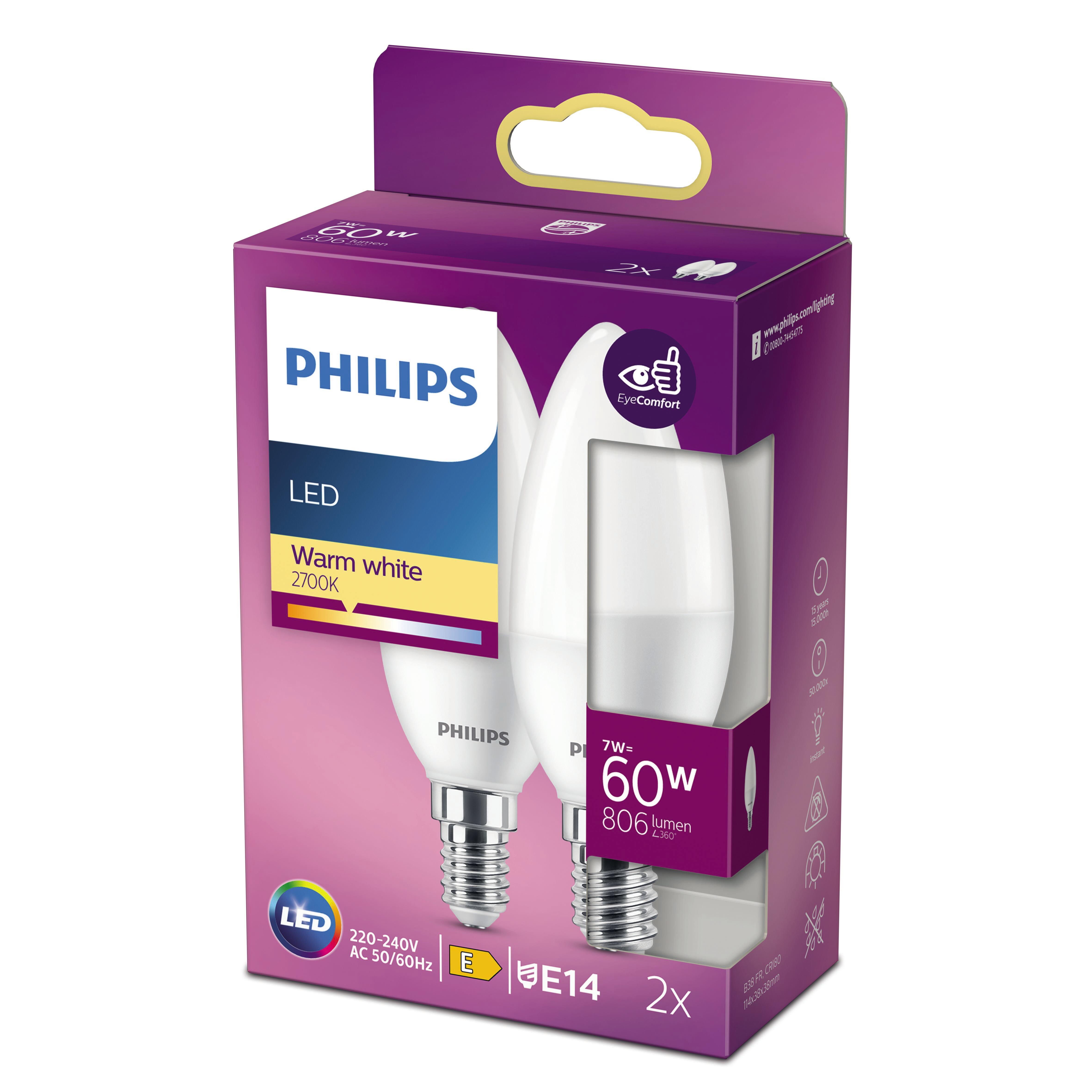 Set da 2 lampadine LED, E14 oliva smerigliato, luce calda, 7W = 806 LM, 200° PHILIPS - 2