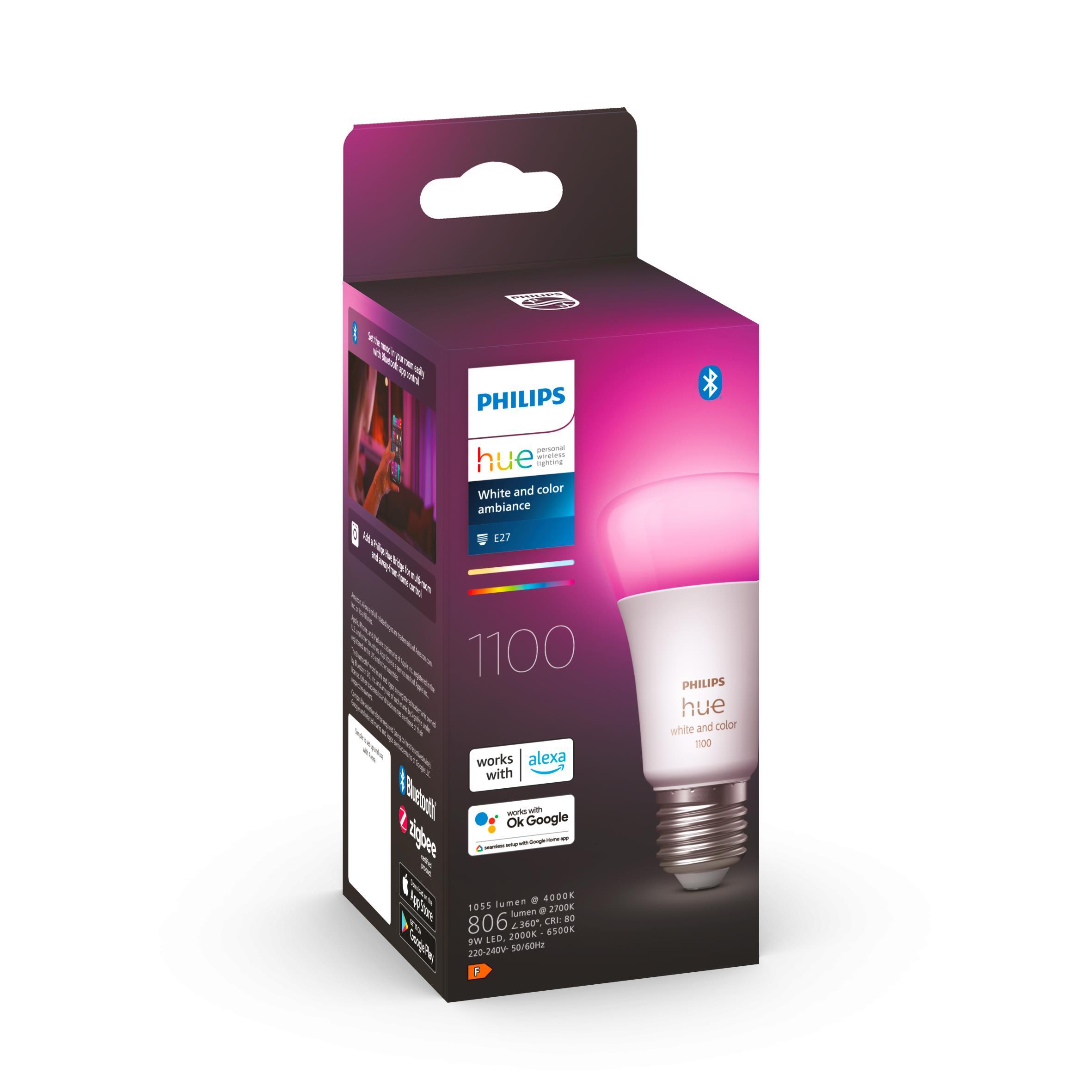 Lampadina smart Hue Color, LED, E27 goccia, opaco, luce cct e rgb, 9W= 1100 LM (equiv 75 W), 200° dimmerabile, PHILIPS HUE - 3
