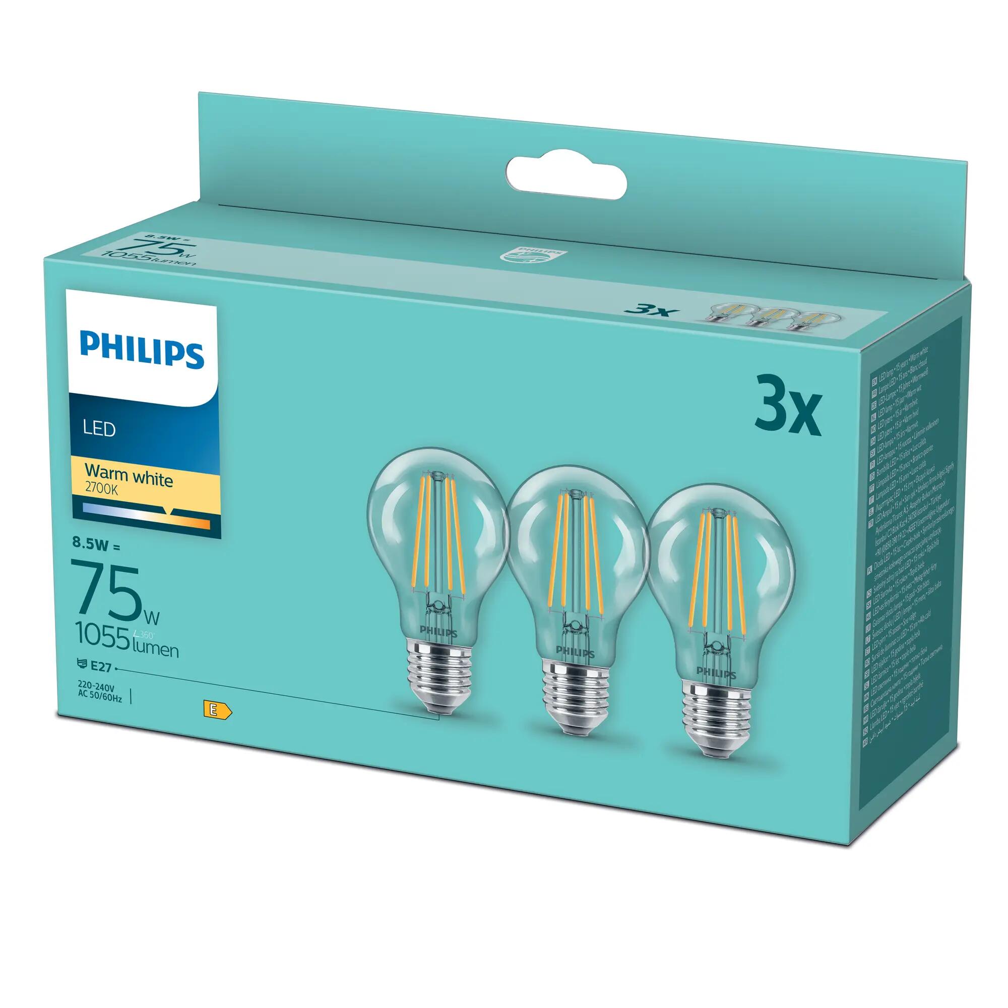 Set da 3 lampadine LED, E27 goccia, opaco, 8.5W = 1055 LM (equiv 75 W), 200°, PHILIPS - 2