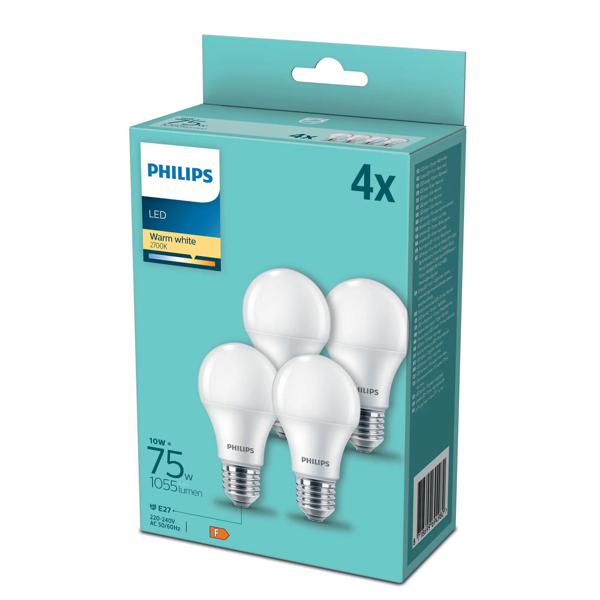 Set da 4 lampadine LED75WWSMDISX4P LED, E27 goccia, opaco, 10.5W = 1055 LM (equiv 75 W), 200°, PHILIPS - 8