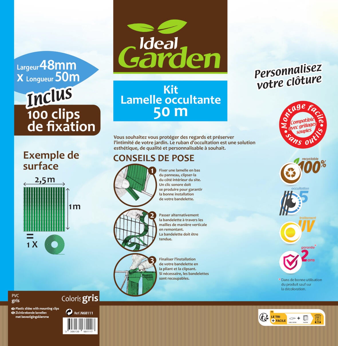 Rouleau lamelle occultante pvc gris, Idéal Garden L.50m x l. 48mm + 100clips - 3
