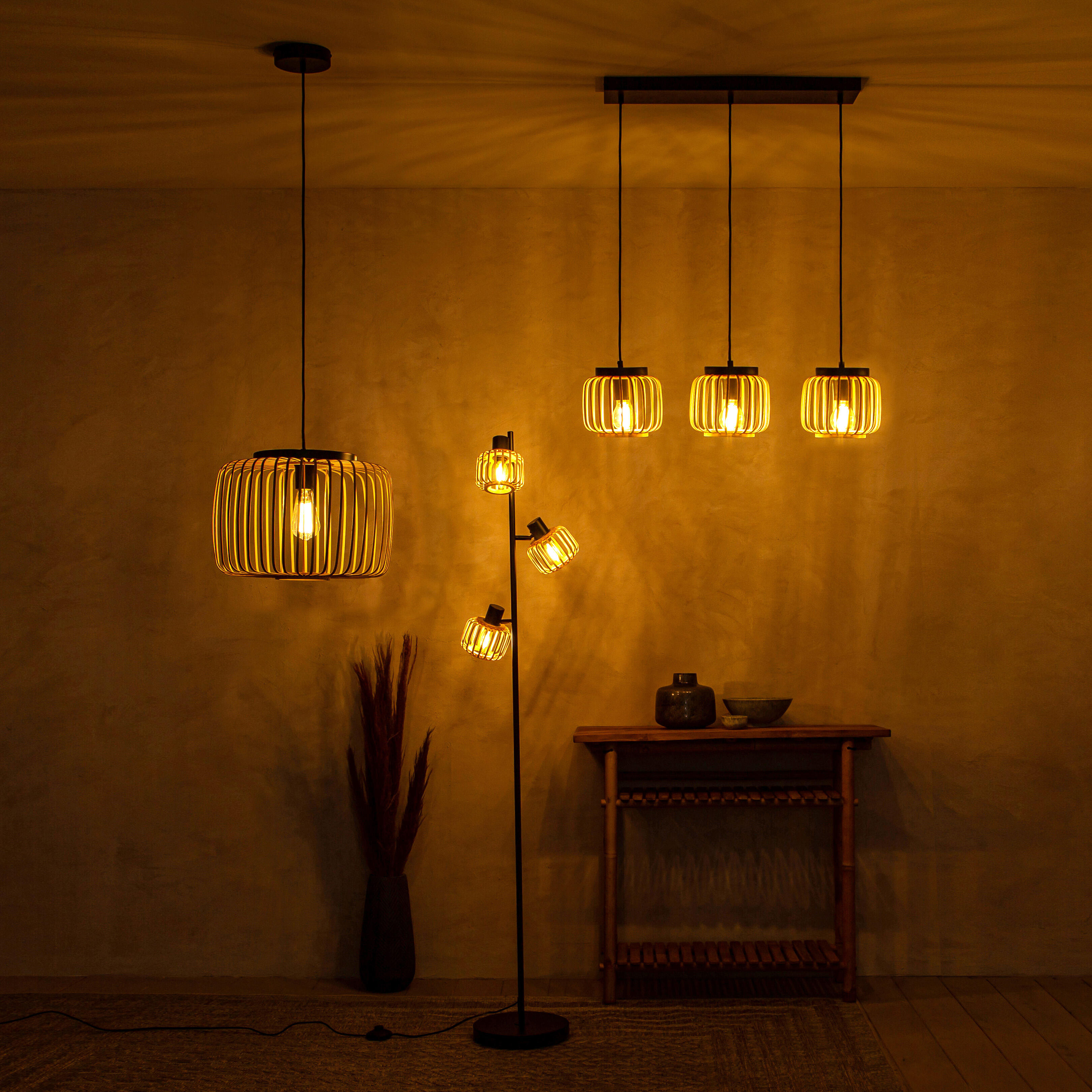 Candeeiro de teto suspenso INSPIRE PECAN E27 3 LÂMPADAS METAL MATE PRETO/BAMBU - 13