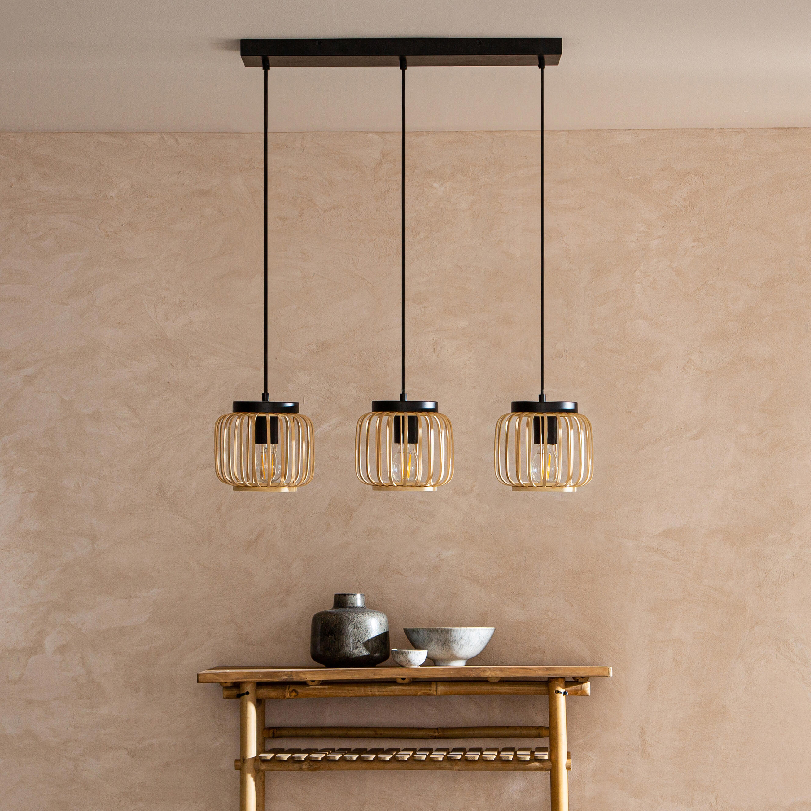 Candeeiro de teto suspenso INSPIRE PECAN E27 3 LÂMPADAS METAL MATE PRETO/BAMBU - 18