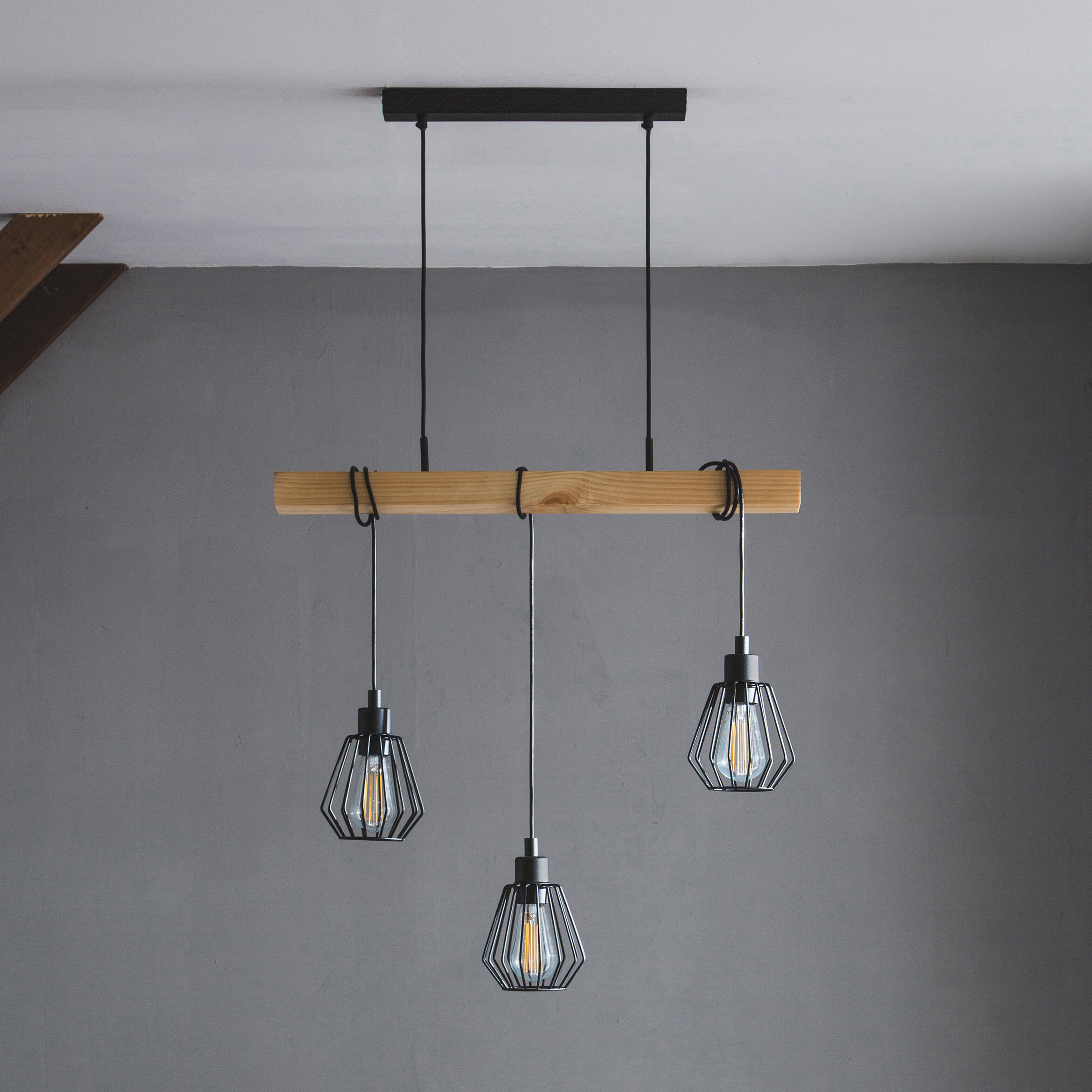 Candeeiro de teto suspenso INSPIRE TABODI E27 3 LUZES METAL/MADEIRA PRETO - 20