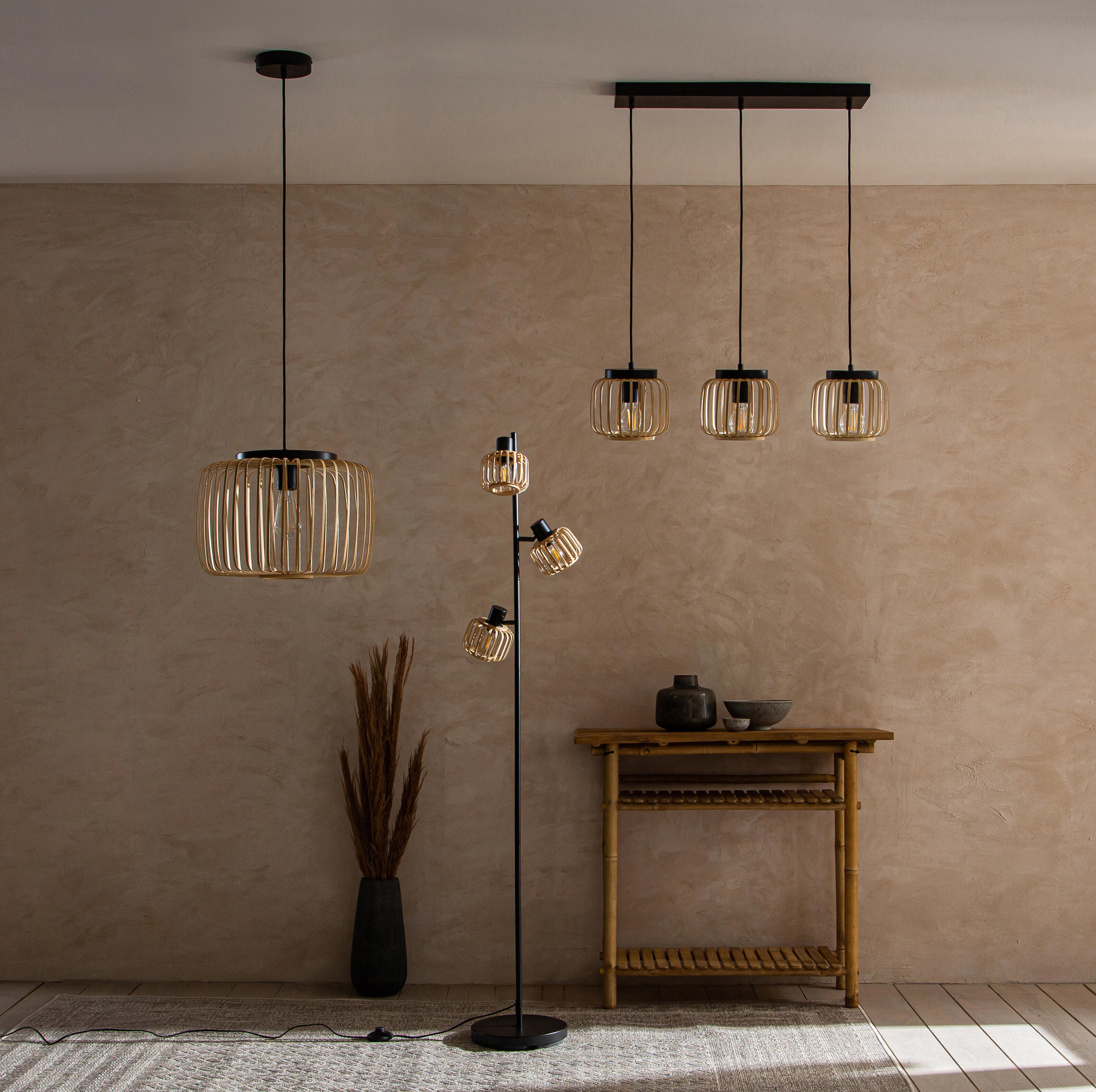 Candeeiro de teto suspenso INSPIRE PECAN E27 3 LÂMPADAS METAL MATE PRETO/BAMBU - 12