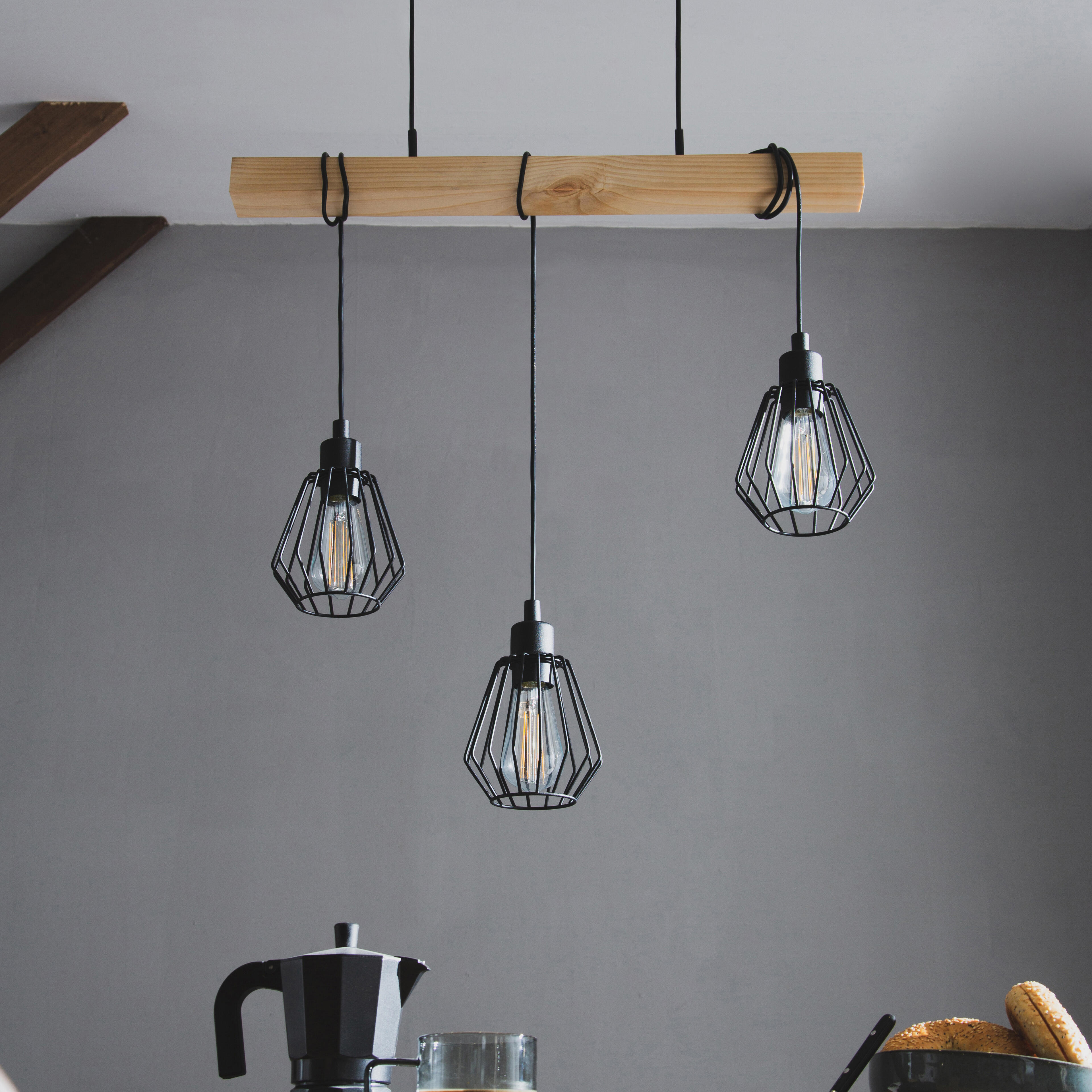 Candeeiro de teto suspenso INSPIRE TABODI E27 3 LUZES METAL/MADEIRA PRETO - 19