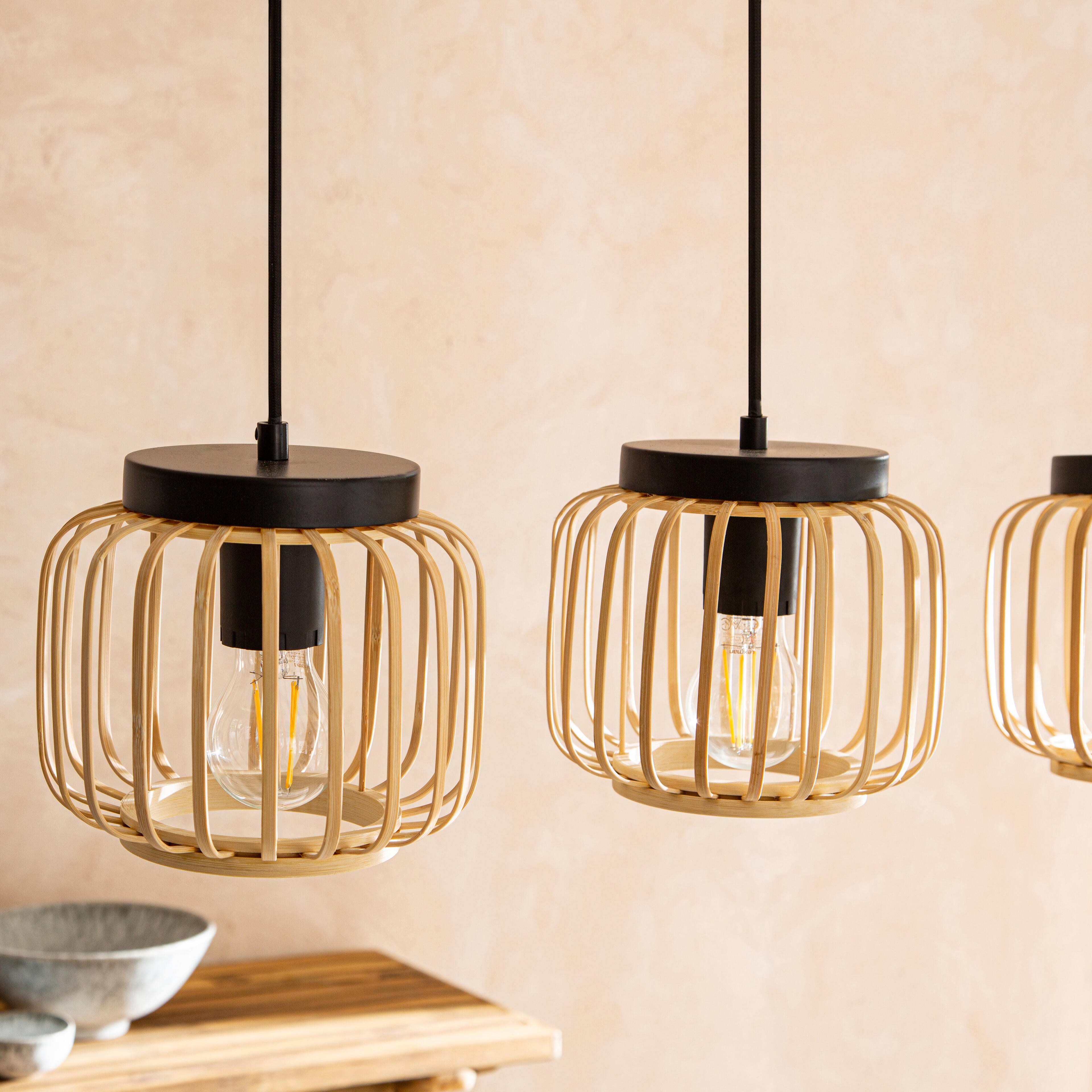 Candeeiro de teto suspenso INSPIRE PECAN E27 3 LÂMPADAS METAL MATE PRETO/BAMBU - 7