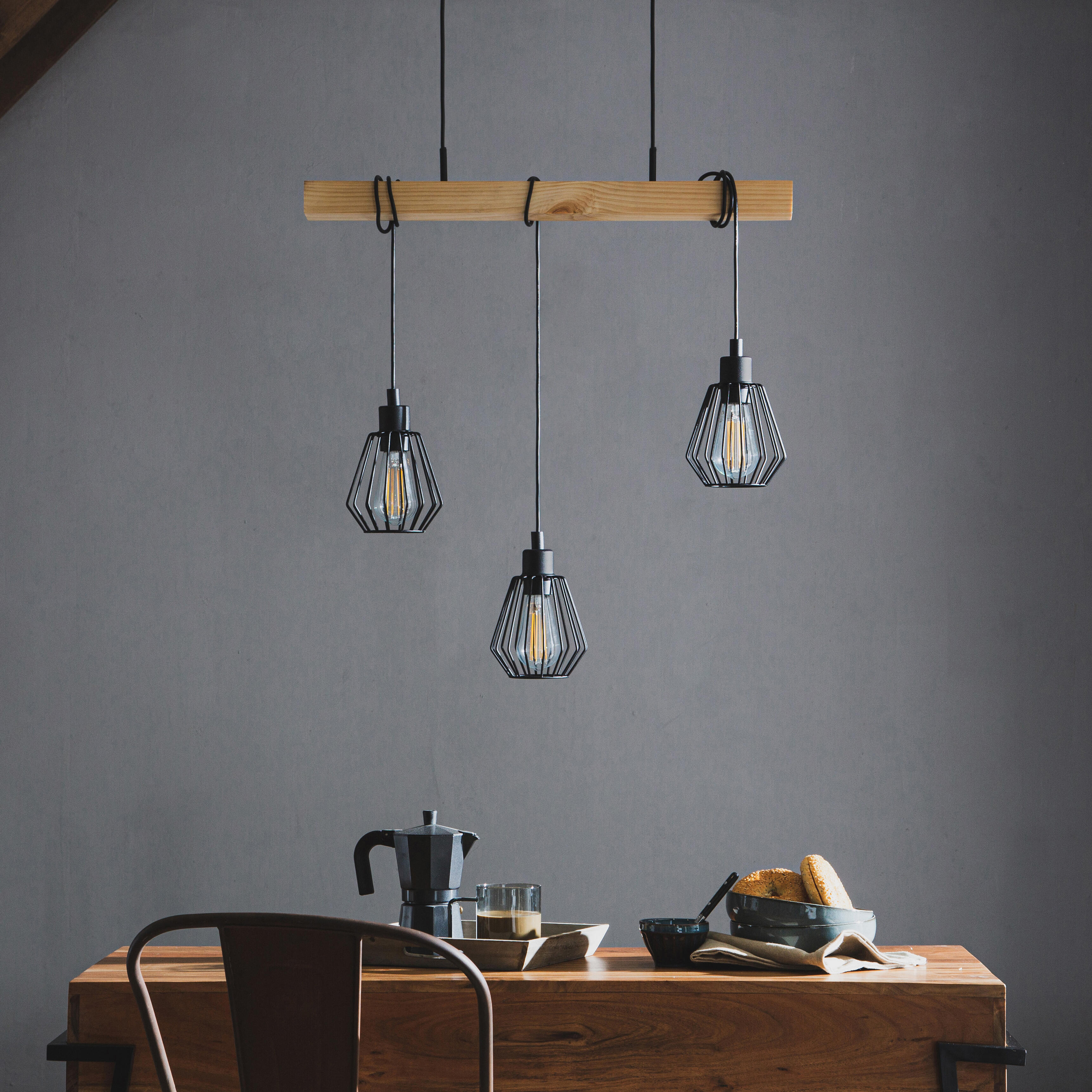 Candeeiro de teto suspenso INSPIRE TABODI E27 3 LUZES METAL/MADEIRA PRETO - 5