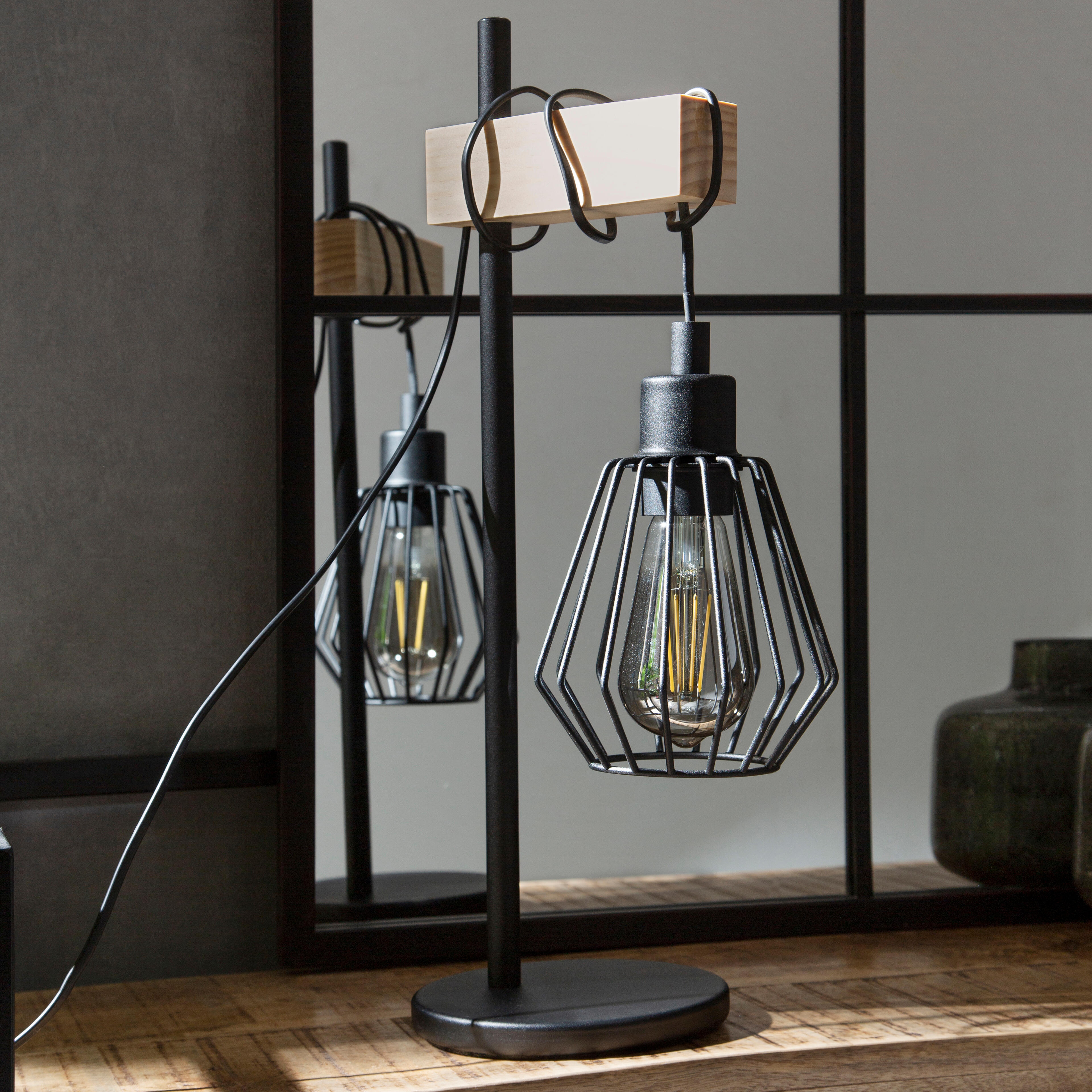 Candeeiro de mesa TABODI E27 METAL MATE PRETO/MADEIRA NATURAL - 44