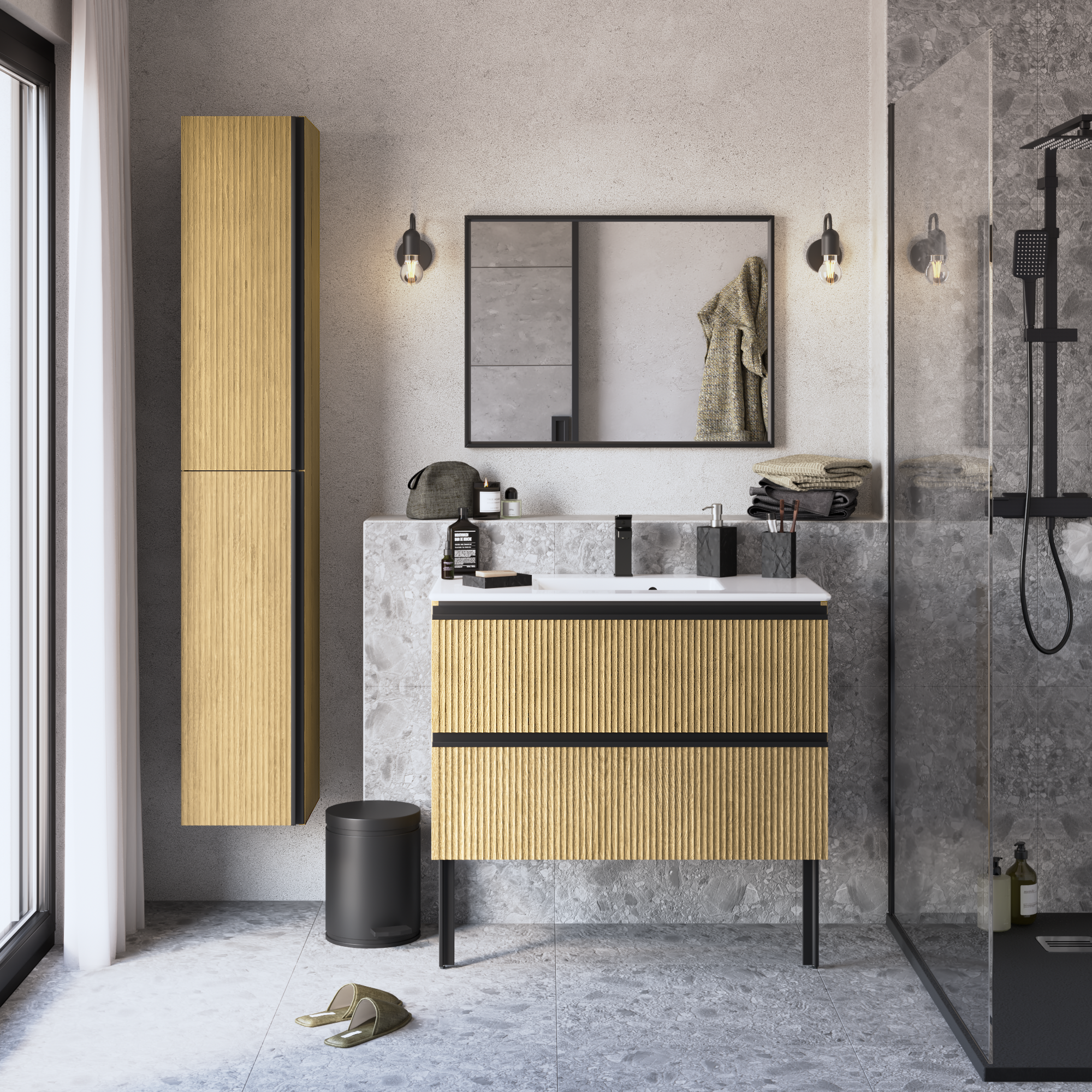 Meuble sous-vasque 2t l.90 x H.58 x P.48.1 cm imit chêne strié Studio - 7