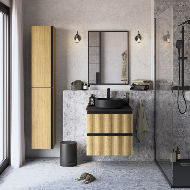 Mobile bagno sospeso Studio con lavabo, top incluso L 60 x H 58 x P 48.1 cm rovere cannettato 2 cassetti per vasca centrale