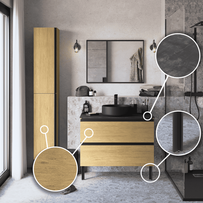 zoom sur meuble studio sensea lisse vasque noire pieds noirs plan de travail effet ardoise industriel